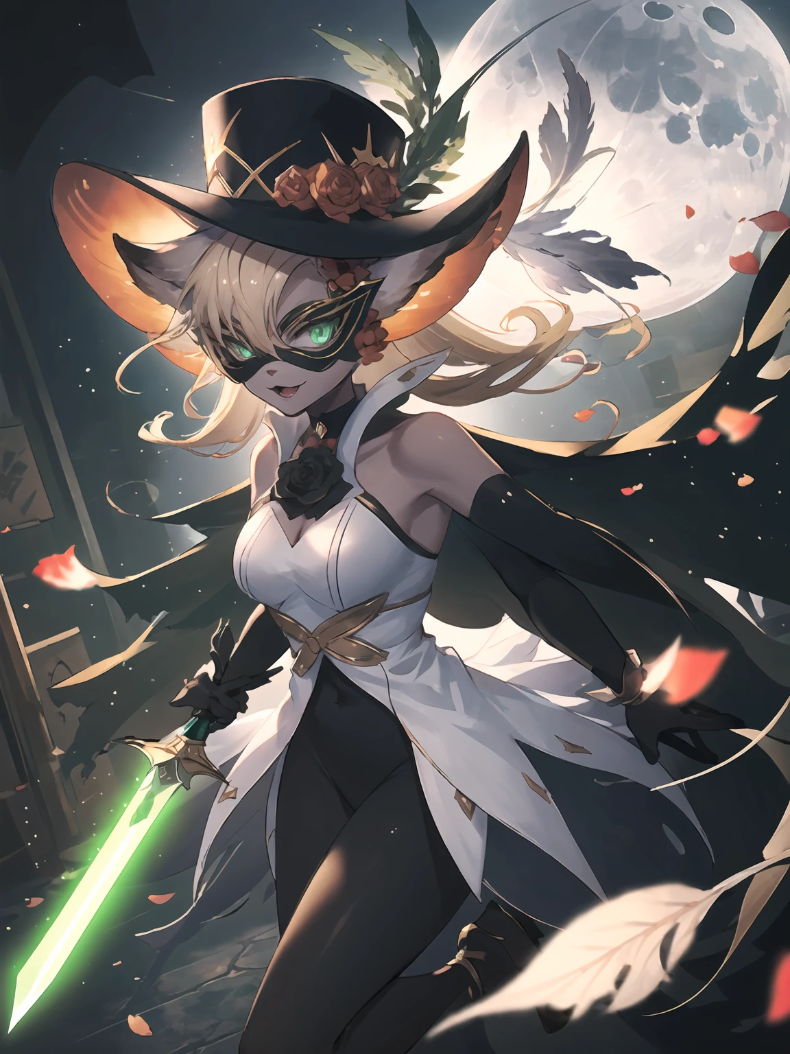 masterpiece,best quality,highres,cinematic lighting,dramatic angle,1girl,<lora:ShadowverseCosmosFangV2:0.8:lbw=jiangshi3>,furry,white vest,wide collar,black bodysuit,cape,blonde hair,looking at viewer,hat,feathers,mask,frills,hair flower,green eyes,:3,bare shoulders,elbow gloves,clothing cutout,juliet gloves,rose,gloves,highlight,jewelry,petals,night,dark sky,moonlight,depth of field,alternative2,animal ears,portrait,close-up,bowtie,holding weapon,sword,lightsaber,glowing,dynamic angle,dynamic pose,:d,indoors,high heels