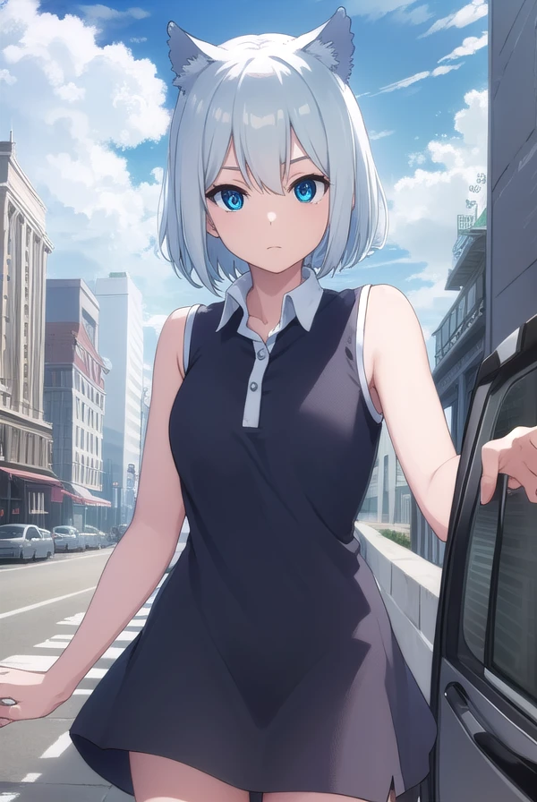 aonanami, <lora:ao nanami hnu-lora-nochekaiser:1>,
ao nanami, short hair, animal ears, cat ears, blue eyes,
BREAK dress, boots, sleeveless, knee boots, (black dress:1.2),
BREAK outdoors, city, sun, clouds,
BREAK looking at viewer, (cowboy shot:1.5),
BREAK <lyco:GoodHands-beta2:1>, (masterpiece:1.2), best quality, high resolution, unity 8k wallpaper, (illustration:0.8), (beautiful detailed eyes:1.6), extremely detailed face, perfect lighting, extremely detailed CG, (perfect hands, perfect anatomy),