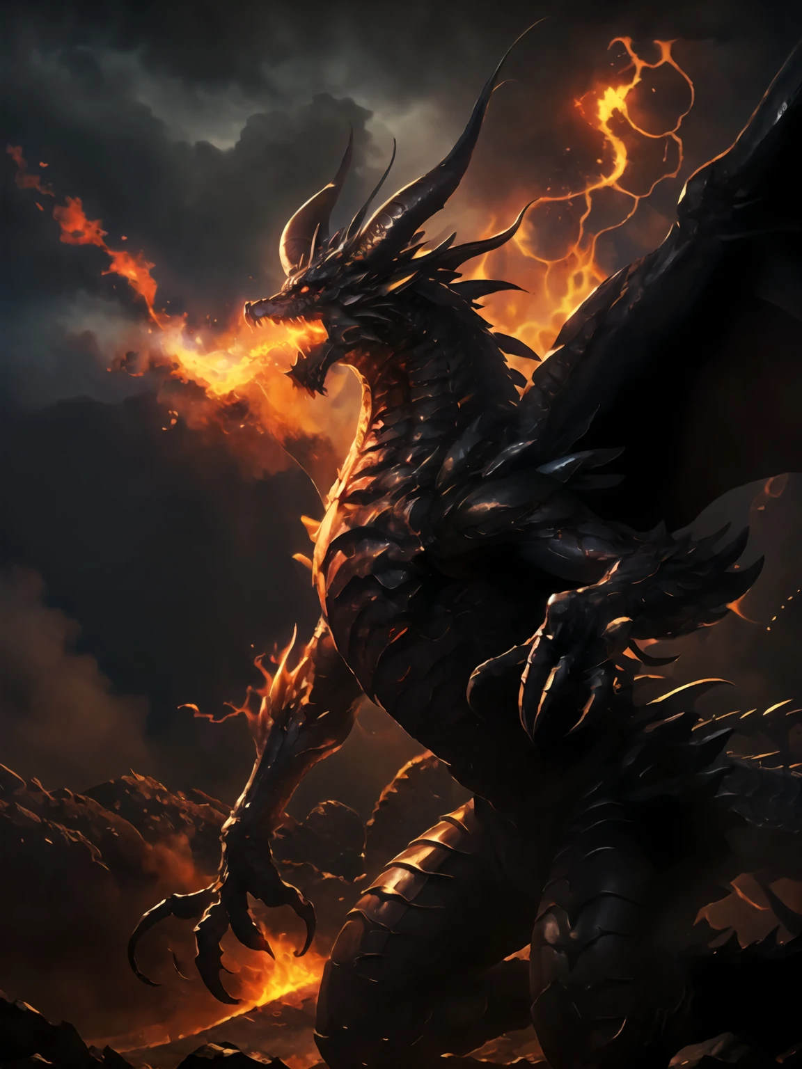 masterpiece,best quality,highres,cinematic lighting,dramatic angle,no humans,dragon,<lora:BahamutV1:0.8> ,horns,monster,flames,open mouth,dark clouds,looking at viewer,straight-on,glowing eyes,wings,claws,scales,darkness,dark,black clouds,dark sky,molten rock,hypnosis,