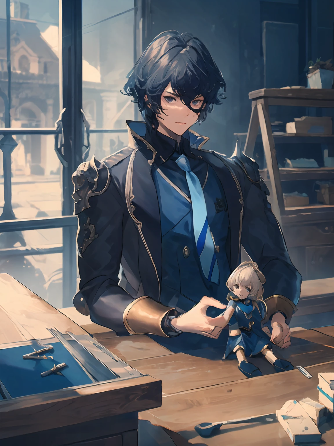 masterpiece,best quality,highres,cinematic lighting,dramatic angle,<lora:ShadowverseLyelthV3-000030:0.8>,1boy,black suit,blue shirt,necktie,black hair,black eyes,armor,looking at viewer,workshop,adjusting dolls on table,marinoette on table,doll on table,toy on table,parts,string,sitting,desk,holding carpentry tools,across table,portrait,close-up,glowing
