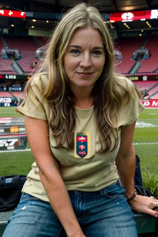 <lora:VC:1.0> masterpiece, best quality, detailed face, 1girl, realistic, solo, a 40 year old, mature, v1873c, long_hair, blonde_hair, with a Grass Green t-shirt, jeans posing for a picture , stadium