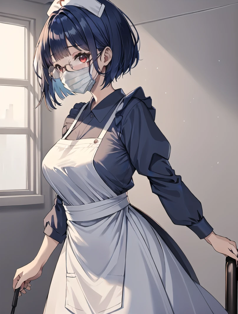 ((masterpiece, best quality, high quality)),1girl, (lower body, hospital), <lora:Long Nurse Apron 2:0.7> (nurse_long_apron, apron, mask, nurse cap, surgical mask, nurse, long sleeves, latex gloves,long dress), <lora:Aya Miiko:0.7> (1girl, 3dcg 03, aya miiko, blue hair, blunt bangs, bob cut, large breasts, medium breasts, red eyes, semi-rimless eyewear, short hair, sidelocks),