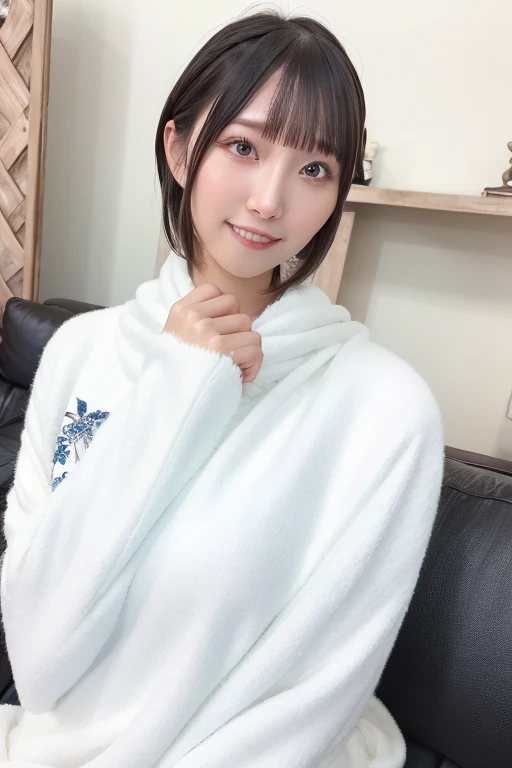 1girl, solo,(white snuggly wear:1.8),(cleavage cutout:1.0),(RAW photo, best quality), (realistic, photo-realistic:1.4), masterpiece, an extremely delicate and beautiful, extremely detailed, 2k wallpaper, Amazing, finely detail, extremely detailed CG unity 8k wallpaper, ultra-detailed, highres, soft light, beautiful detailed girl, extremely detailed eyes and face, beautiful detailed nose, beautiful detailed eyes,(soft light:1.8),(in the living room:2.0),perfect anatomy,(slender body:1.6),(close up face:1.8),(grin ,Friendly, warm:2.0),(looking at viewer:1.8),(japanese idol:1.8),(brown eyes:1.8),(bangs hair:2.0),(sitting ont the sofa:1.8), <lora:sasaharayuu_lora-12:0.8>