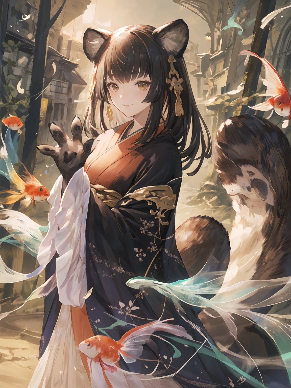 masterpiece,best quality,highres,cinematic lighting,dramatic angle,1girl,<lora:ShadowverseHozumiV3-000016:0.8:lbw=1,0.1,0.1,0.8,0.8,0.8,0.8,0.8,0.8,1,1,1,1,1,1,1,1>,animal hands,animal ears,black hair,japanese clothes,looking at viewer,smile,waving hand,capelet,goldfish,tail