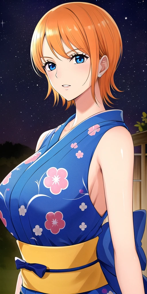 <lora:NamiV1:0.7> n4mi, huge_breasts, standing, solo, OGN4mi_short_hair, Blue_sleeveless_short_kimono_Floral_print_Orange_back_bow, starry_sky,, masterpiece, best quality, detailed face, detailed eyes, highres,