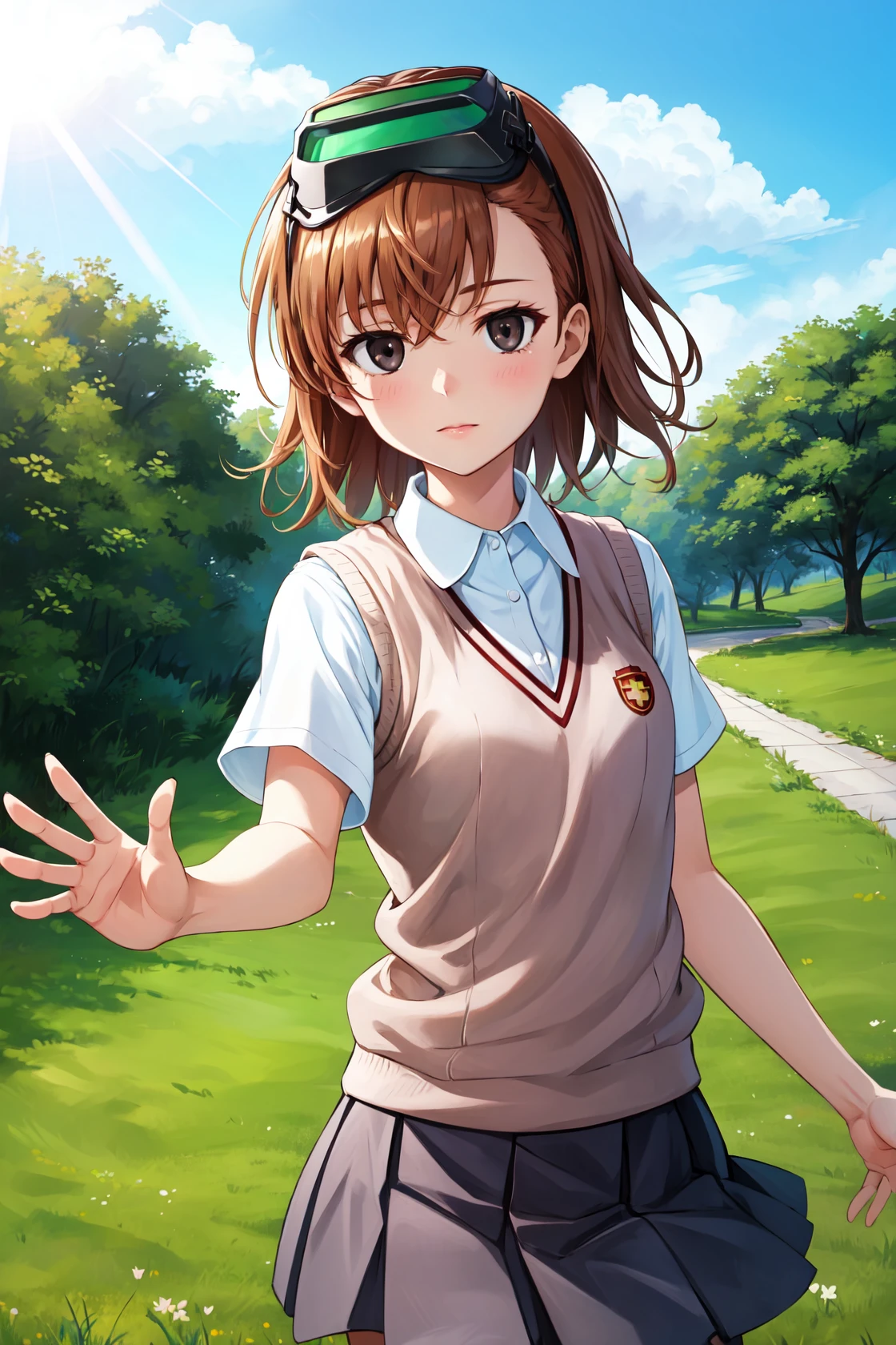 masterpiece, best quality, highres,
MisakaImoutoDef, 1girl, solo, cover, short hair, brown hair, black eyes, empty eyes, goggles, goggles on head, head-mounted display,
school uniform, sweater vest, shirt, skirt, pleated skirt, white shirt, v-neck, short sleeves, tokiwadai school uniform, misaka imouto,
upper body, looking at viewer, waving, waving arms, outdoors, forest, field, sky, blue sky, sunlight, <lora:LoRA_MisakaImouto:1>