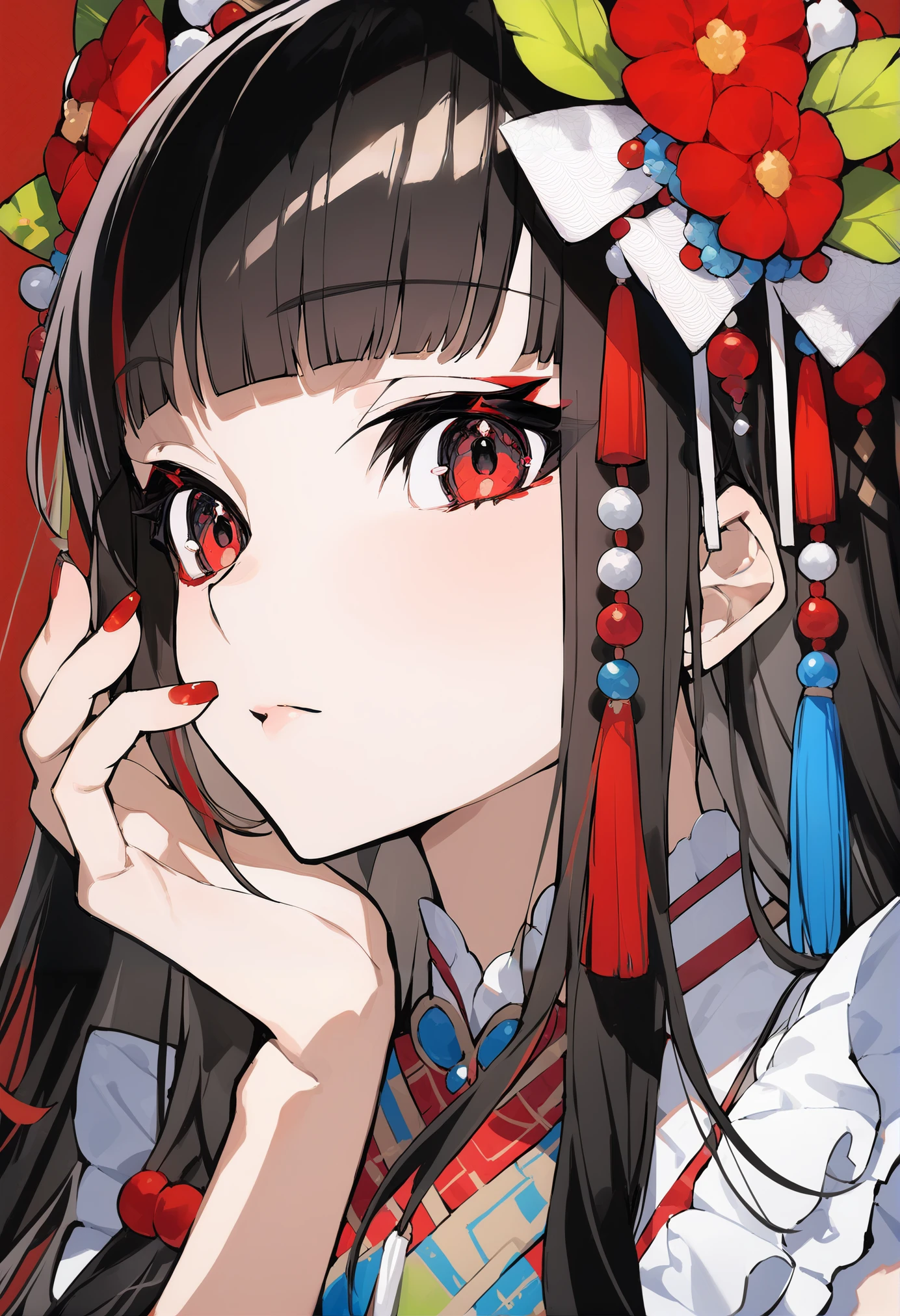 masterpiece, best quality, <lora:MikaPikazoXL_V1:1> 1girl, solo, red nails, looking at viewer, bangs, red eyes, long hair, nail polish, black hair, hair ornament, hand up, flower, blunt bangs, closed mouth, tassel, ribbon, portrait, colorful, red background, frills, multicolored hair, upper body, fingernails