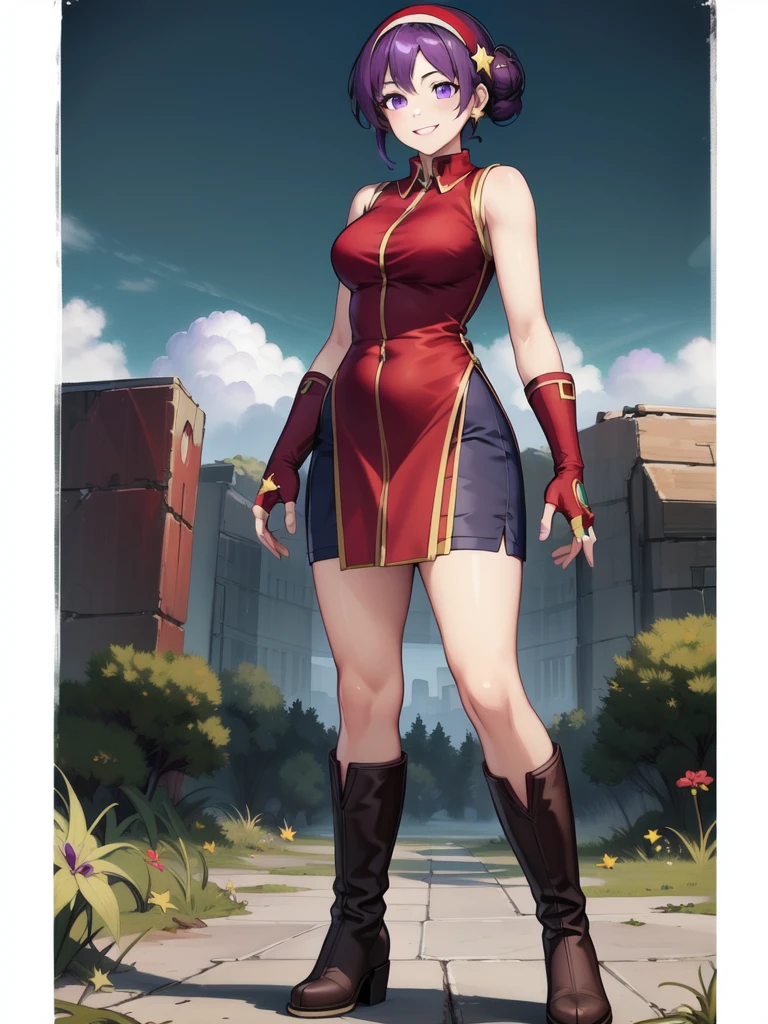 <lora:Asamiya_Athena_KOF2000:0.8> Athena, 1girl, solo, gloves, fingerless gloves, star (symbol), boots, dress, hair ornament, full body, chinese clothes, smile, standing, jewelry, short dress, looking at viewer, forest, sky,
masterpiece, high quality, very_high_resolution, large_filesize, full color,