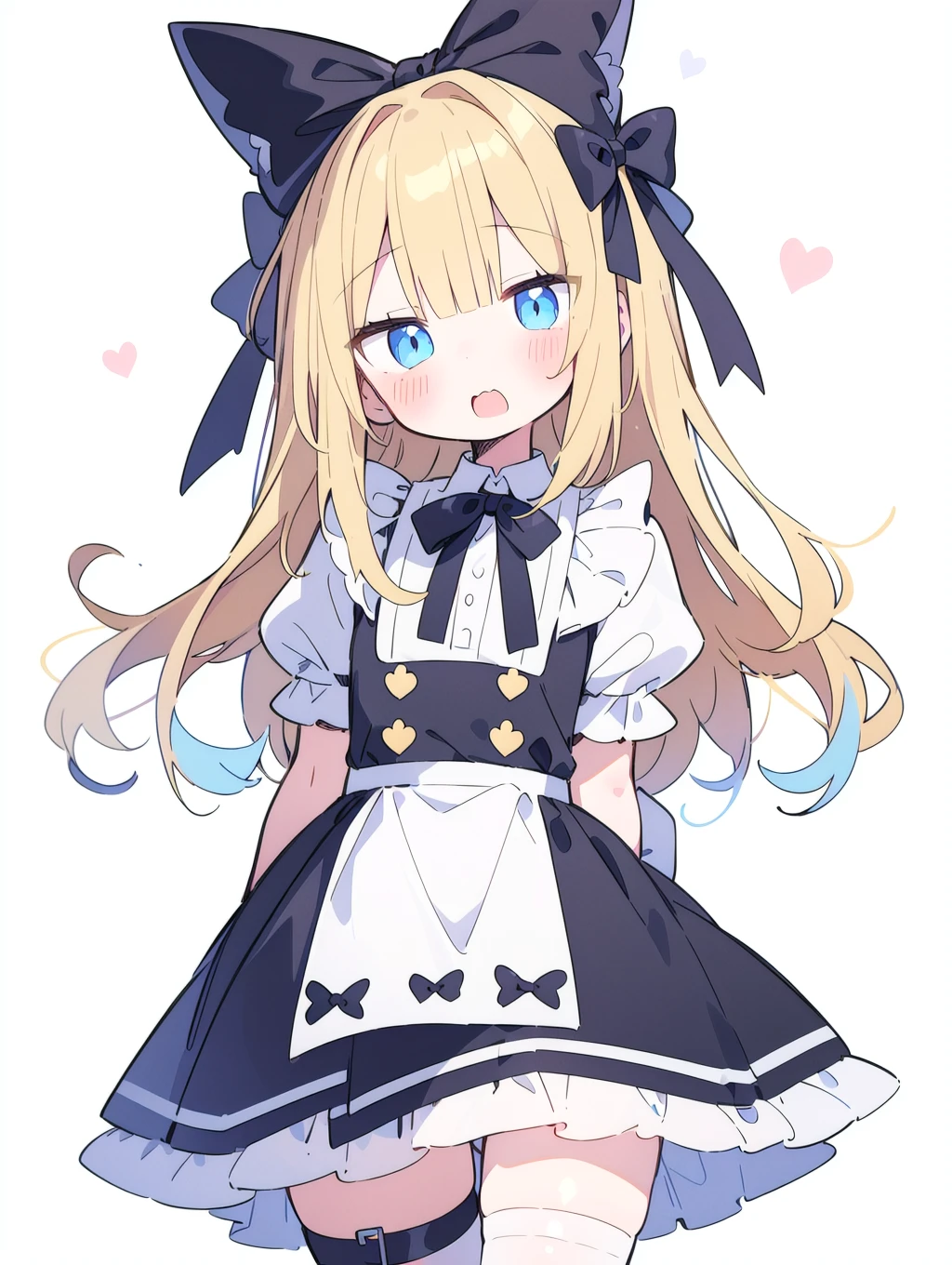 (alice in wonderland:1.2), 1girl, blond hair, hair ribbon, cute, kawaii, (blush), expressionless, open mouth, thigh, simple background, (white background), (dynamic angle:0.6)