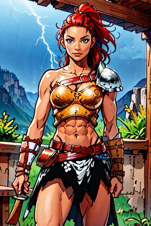((indoors, a woman fighting in the mountains, stormy weather, rain. lightning)),beautiful eyes, beautiful girl, high detail skin, high detail eyes, high detail hair, highres, ultra detailed, sharpen picture, Highly detailed, masterpiece, best quality, photorealistic,
<lora:MireilleLoRA:0.9> 1girl, long hair, ponytail, midriff, arm guards, braids, breastplate, belt, armor, pauldrons, boots, holding sword on hilt, holding shield
