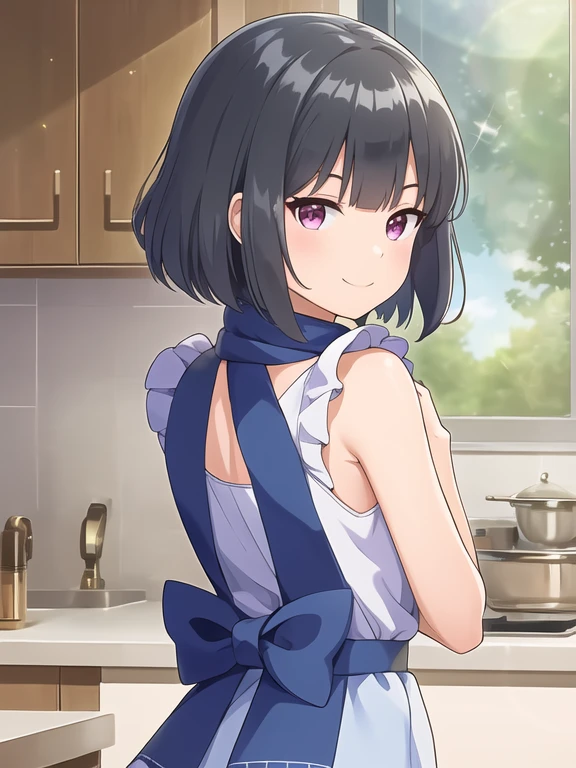 best quality, (masterpiece:1.2), highly detailed, (masterpiece), (illustration),
kitchen, indoor,
standing, (face focus:1.2), face, upper body, (from back:1.3),
nuke apron, sleeveless, frills, collarbone,
1girl, solo, bangs, black hair, short hair, eyebrows visible through hair, sparkle, glint, lens flare, plaid scarf, blunt bangs,
shy, blush, (looking at viewer), smile,
<lora:Tsubaki:0.7>