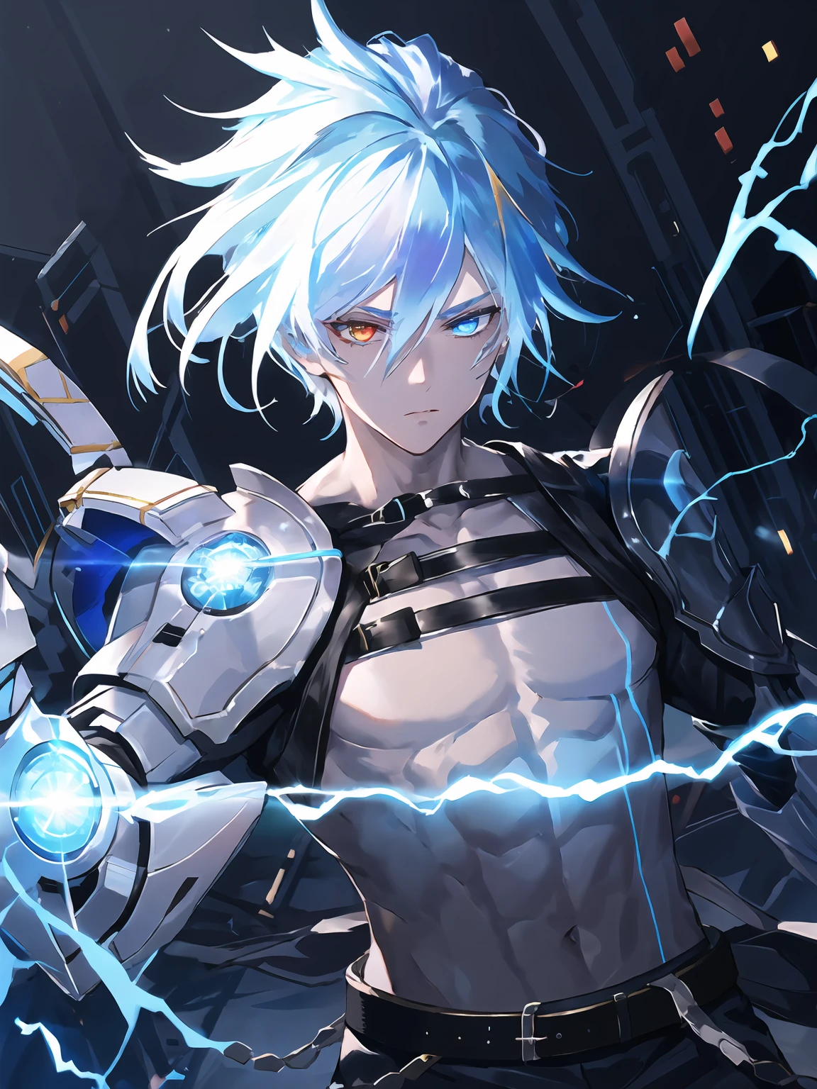 masterpiece,best quality,highres,cinematic lighting,dramatic angle,<lora:ShadowverseKarulaV2:0.8:lbw=jianigshi3>,1boy,light blue hair,heterochromia, clothing cutout,asymmetrical clothes,armor,mechanical arms,black pants,ribbon,belt,beads,looking at viewer,electricity,portrait,close-up,dynamic angle,depth of field,mature male,expressionless