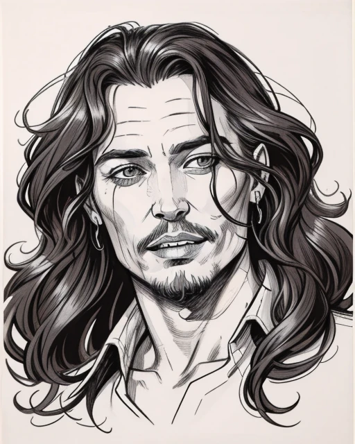 Comic Style Drawing of portrait of jonny depp, happy, smiling, simple background, sharp, details, HD, HDR, 8K, best quality, best resolution, maximalist, masterpiece, 2D, sketch, rough lines, high contrast, monochrome, black and white, by pencil, crosshatching
