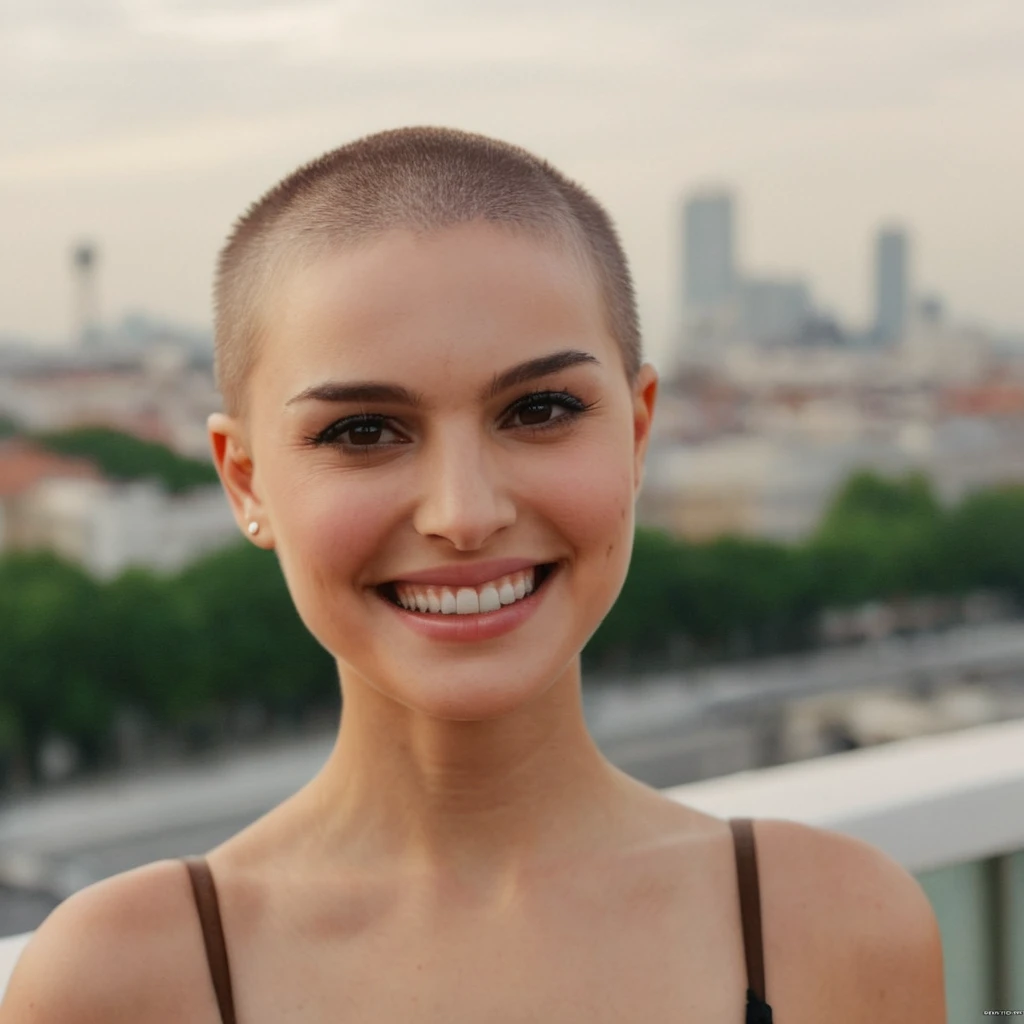 (Skin Texture, pores, natural,iPhone,RAW), natural lighting, Highest Quality closeup Portrait photo of a stunning woman with a buzzcut, Nikon Z9, realistic matte skin, blurry city in the background, <lora:natportman_2_xl_5_standard-merger_46_51_58_90_02_03_03_02:1>, 8K, smiling