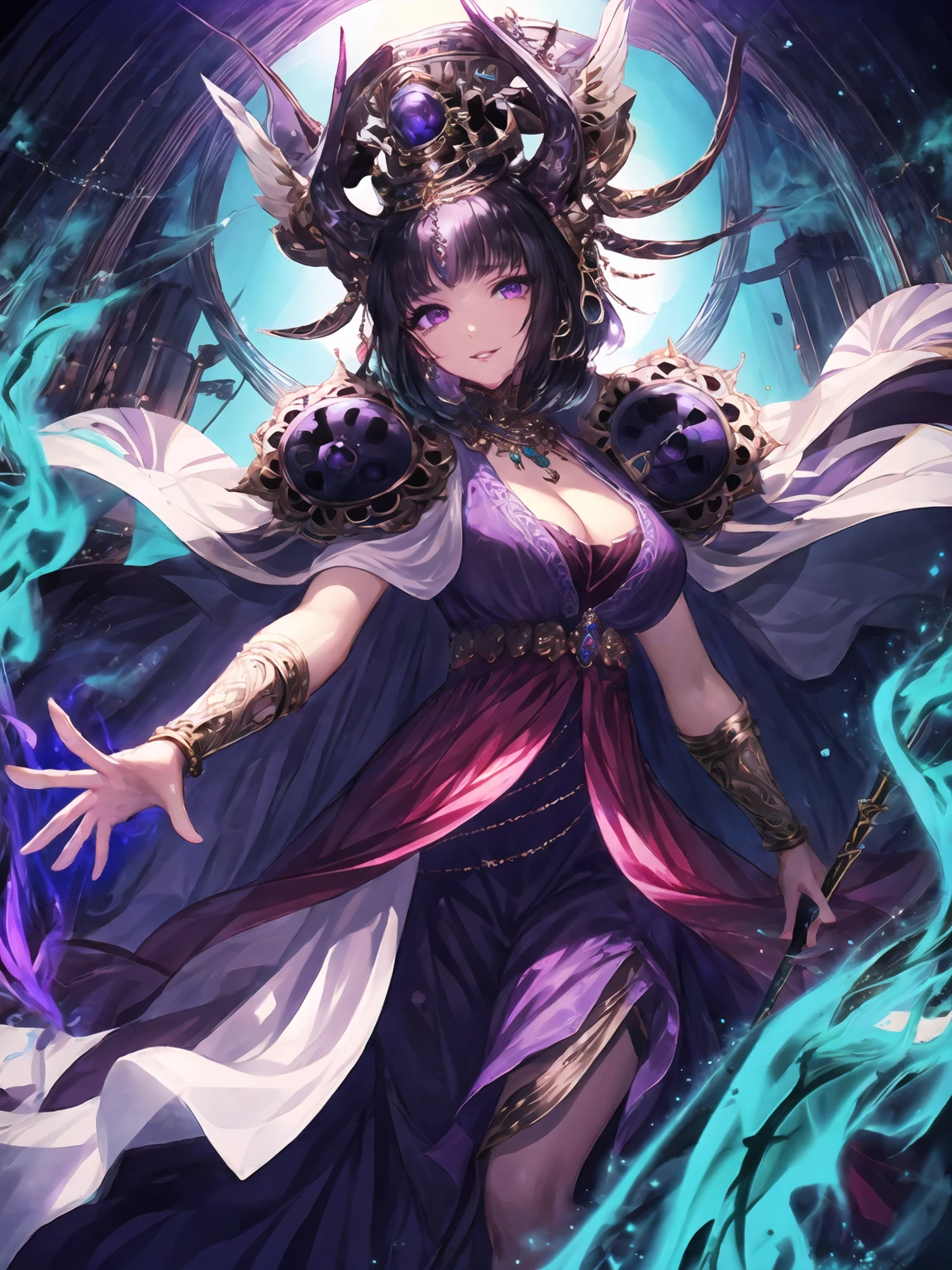 masterpiece,best quality,highres,cinematic lighting,dramatic angle,1girl,<lora:ShadowverseNephthysV1-000015:0.8>,black hair,short hair,jewelry,purple dress,holding staff,walking,purple eyes,looking at viewer,smile,crown,pelvic curtain,cleavage,capelet,shoulder armor,beads,jewelry,head tilt,arm support,feathers,green and purple fire,close-up,outstretched hand,reaching out,spread fingers,portrait,soul flame,parted lips,glowing eyes,skeleton,skull,depth of field,bracelet