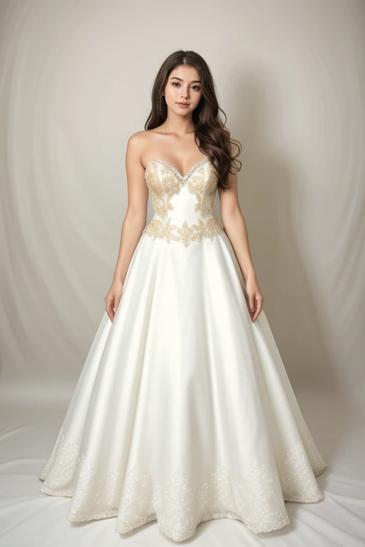 1girl, mature, beautiful, cute, hourglass body shape, masterpiece, white background, simple background, long hair, full body shot
white ballgown, gold trim, bare shoulders, cleavage, fluffy gown
<lora:Gold-trim_Ballgown_By_Stable_Yogi:1.2>