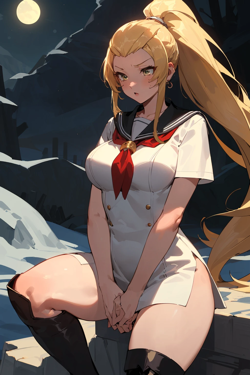 masterpiece, best quality, <lora:EPfeJade-06:0.7>, EPfeJade, blonde hair, very long hair, large breasts, ponytail, polar opposites, death valley, evening, own hands together, sailor dress, amulet, knee high boots, nervous