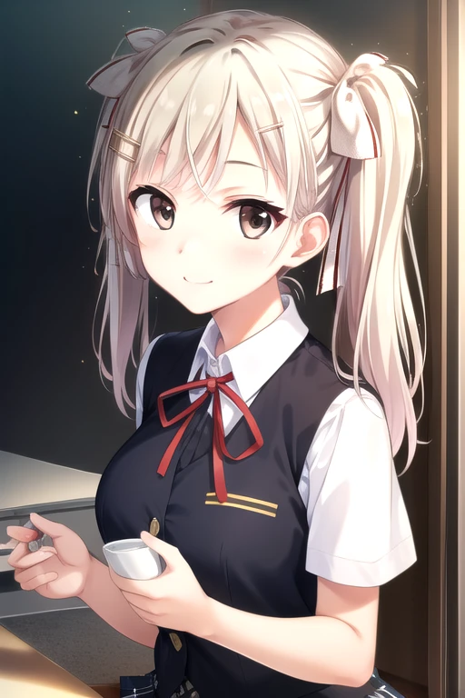 ((masterpiece)),(best quality),official art,extremely detailed CG,unity 8k wallpaper,ultra detailed,beautiful detailed eyes,extremely detailed face,1girl,solo,upper body,(portrait:1.5),looking at viewer,facing viewer,Momozono Hozumi(unoneno),smile,long hair,blonde hair,twintails,hair ornament,hairclip,hair ribbon,bangs,brown eyes,school uniform,short sleeves,black vest,collared shirt,neck ribbon,red ribbon,white shirt,large breasts,miniskirt,frilled skirt,black skirt,plaid skirt,white socks,loafers,<lora:Momozono Hozumi(unoneno):0.9>,