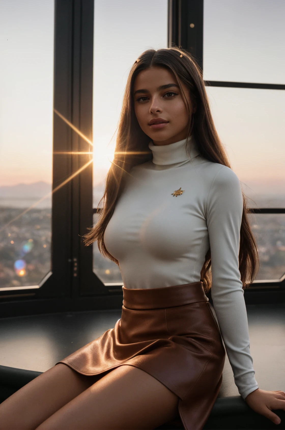 (Cinematic Shot:1.3)(Shot on Aaton LTR 54)Influencers Deluxe_Keira_Munroe (skinny, slender, abs, perky boobs:1.4) is sitting at a sand colored coffee shop at the lake (Leather Skirt and Turtleneck:1.4)" ((35mm, F/2.8) Photo Focus, DOF, Aperture, insanely detailed and intricate, character, hypermaximalist, beautiful, revealing, appealing, attractive, amative, hyper realistic, super detailed)(DOF, blurry background, sunrise in the back of the character)(Lens Flare, Heresy flare:1.3) (hair is flowing in the wind) smiling (sharpness, details, contrast, warm tones:1.5)(Dark Sky:1.3)