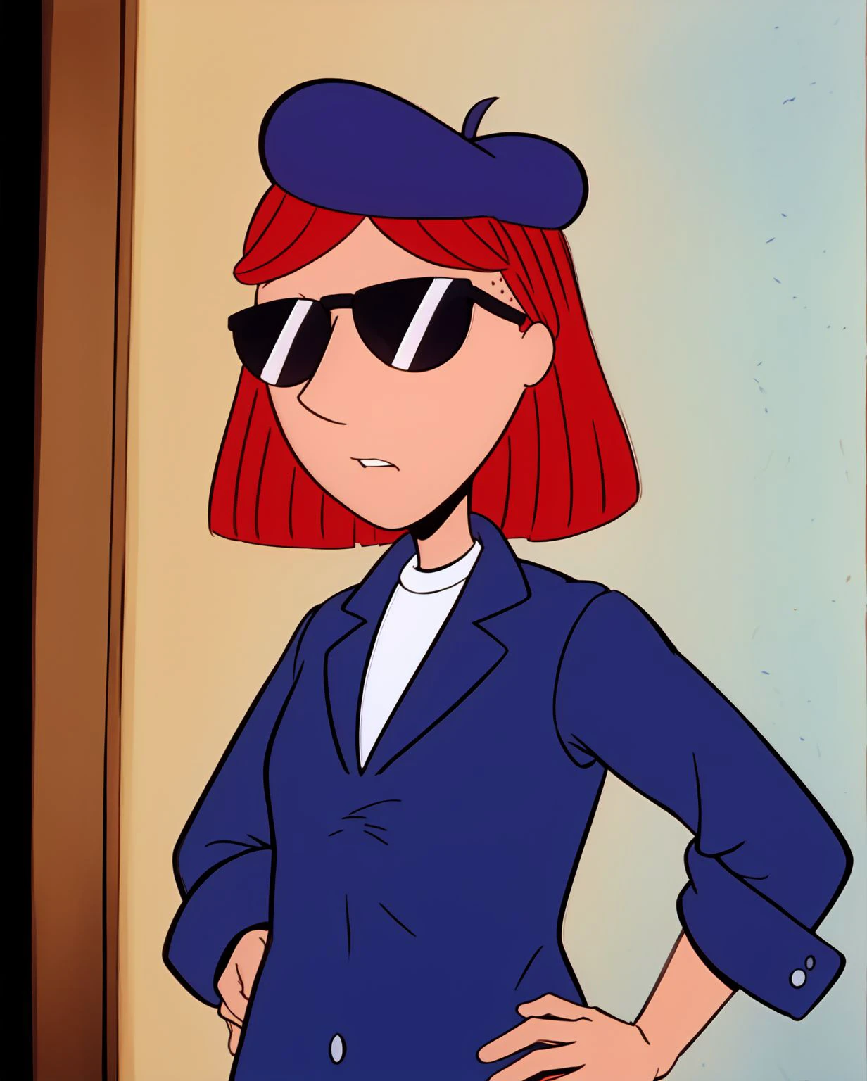 (masterpiece, best quality, high resolution:1.3), <lora:judyf-10:0.8> judyf, slender, slim face, red hair, sunglasses, beret, parted hair, untucked shirt, upper body, hands on hips, looking at viewer