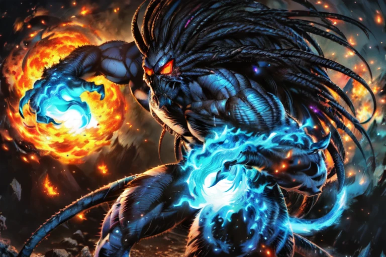 a man standing in dynamic fighting pose, casting skull like looking fireball, high detail skin, high detail eyes, high detail hair, highres, ultra detailed, sharpen picture, Highly detailed, masterpiece, best quality, photorealistic,  <lora:BlackheartLoRA:1> long hair, red eyes, 1boy, tail, muscular, colored skin, claws, monster boy, casting death magic