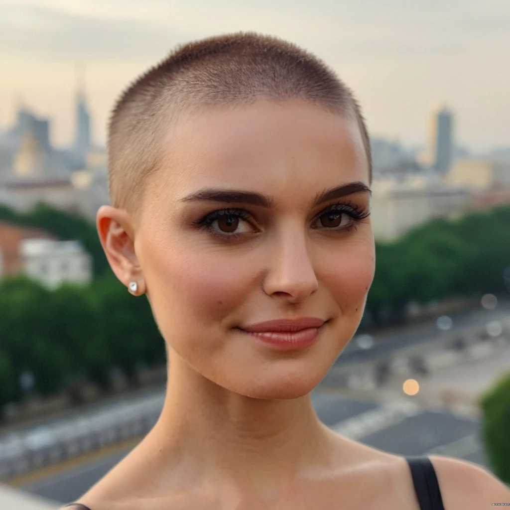 (Skin Texture, pores, natural,iPhone,RAW), natural lighting, Highest Quality closeup Portrait photo of a stunning woman with a buzzcut, Nikon Z9, realistic matte skin, blurry city in the background, <lora:natportman_2_xl_5_standard-merger_46_51_58_90_02_03_03_02:1>, 8K, smiling