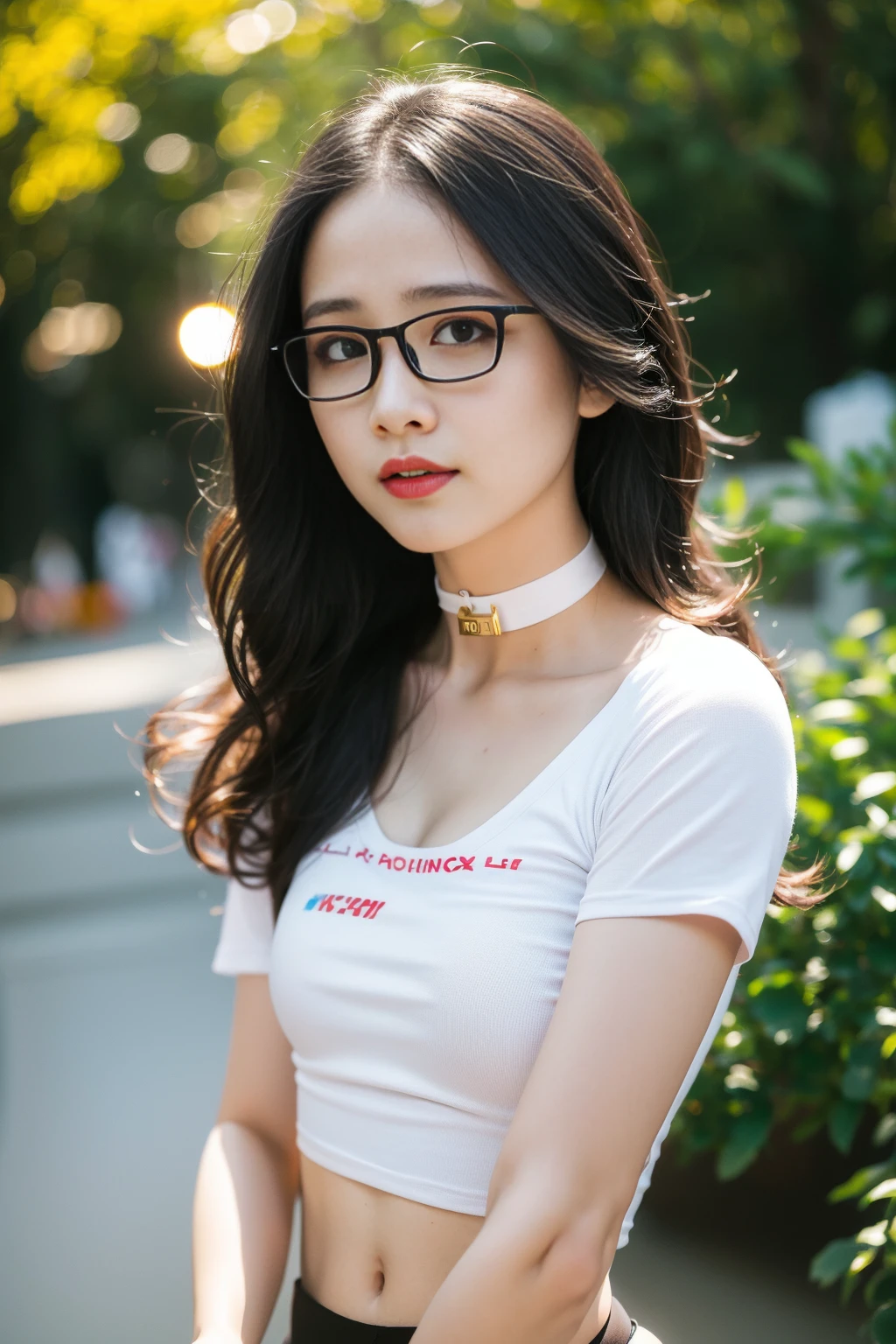 <lora:thaohuyen_v01:0.8>,glasses ,
(8k, RAW photo, best quality, masterpiece:1.2), (realistic, photo-realistic:1.37), omertosa,1girl, blurry background,city, sunlight,professional lighting, photon mapping, radiosity, physically-based rendering, backlight bokeh, blurry background, mature,((black choker)), red lips, student ,((lights shinning on the face)),
head portrait
,
sunlight, ((outdoors)) ,((light shinning on the hair)),
bikini,t-shirt,
((short hair)), ((floating hair)), black hair,wavy hair, glowing hair,
135mm lens,gold-rimmed glasses,,big breast