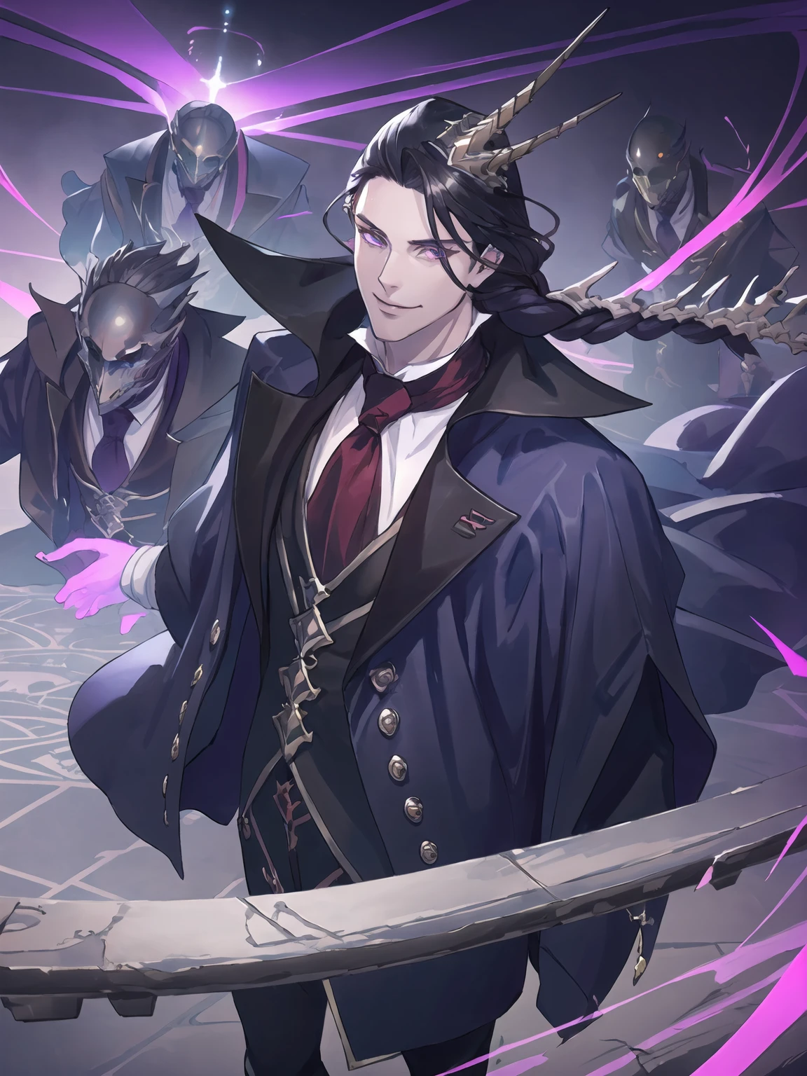 masterpiece,best quality,highres,cinematic lighting,dramatic angle,multiple boys,<lora:ShadowverseCorneliusV1-000025:0.8>,black hair,hair ornament,purple eyes,single white braid,bone,necktie,white shirt,black suit,capelet,horn,mature male,evil smile,shaded face,glowing eyes,looking at viewer,holding wand,standing,close-up,portrait,minions,necromancer,from random point of view,magic circle,depth of field