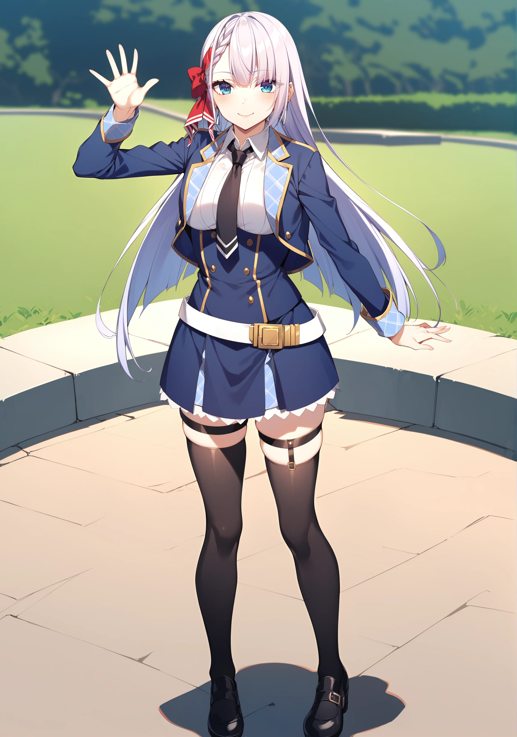 1girl, full body, smile, standing, outdoors, background park, looking at viewer, riselia-cag, hair ribbon, red ribbon, long hair, white shirt, blue jacket, collared shirt, blue skirt, black necktie, school uniform, black shoes, black thighhighs, thighhighs strap, waving <lora:Riselia-Cag-000011:1>