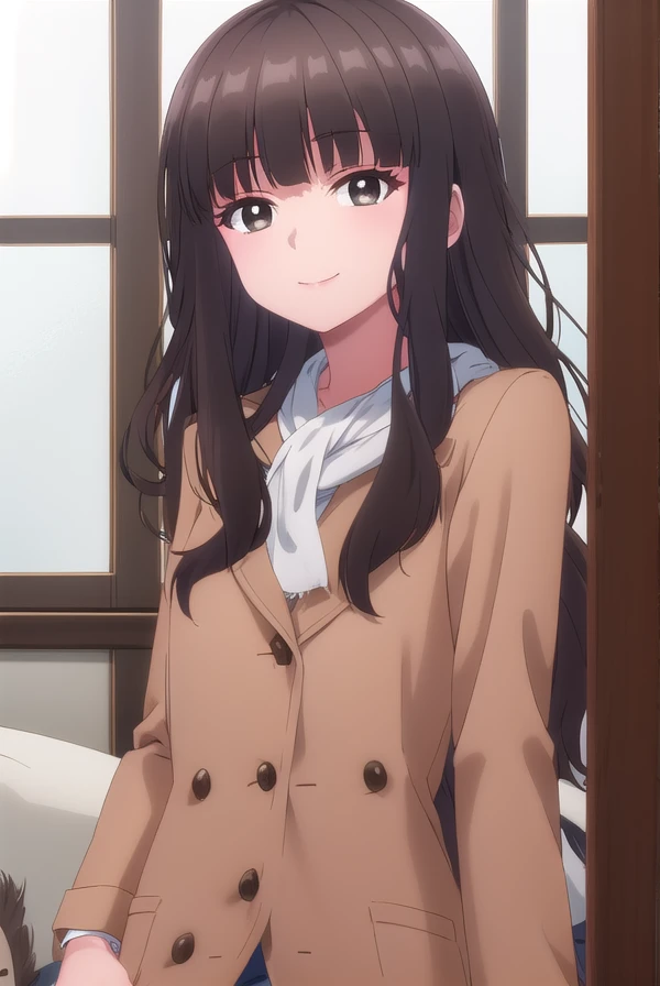 shihokofujimiya, <lora:shihoko fujimiya s1-lora-nochekaiser:1>,
shihoko fujimiya, long hair, bangs, black hair, (brown eyes:1.5), blunt bangs, wavy hair, smile,
BREAK shirt, jacket, white shirt, coat, brown jacket,
BREAK indoors,
BREAK looking at viewer, (cowboy shot:1.5),
BREAK <lyco:GoodHands-beta2:1>, (masterpiece:1.2), best quality, high resolution, unity 8k wallpaper, (illustration:0.8), (beautiful detailed eyes:1.6), extremely detailed face, perfect lighting, extremely detailed CG, (perfect hands, perfect anatomy),