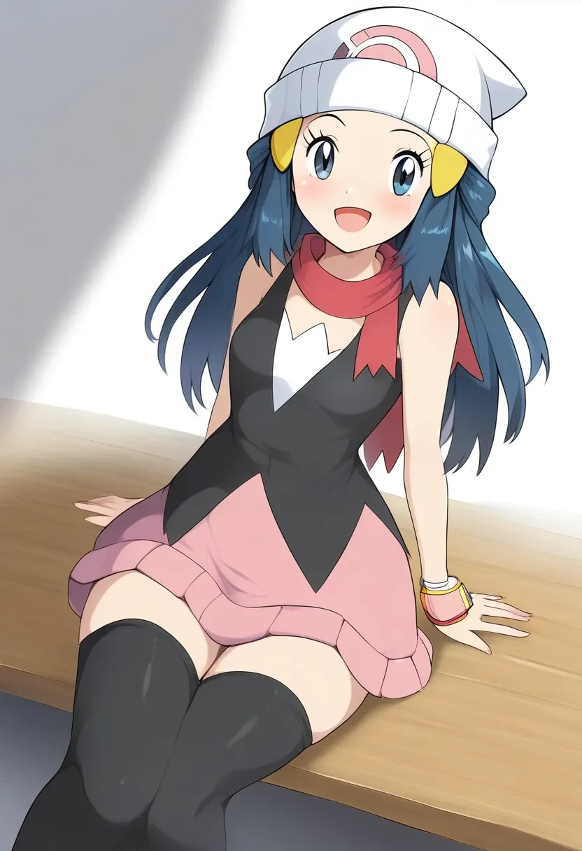 dawn \(pokemon\), hat, sitting <lora:plasticnovel-sdxl-pd6:1>