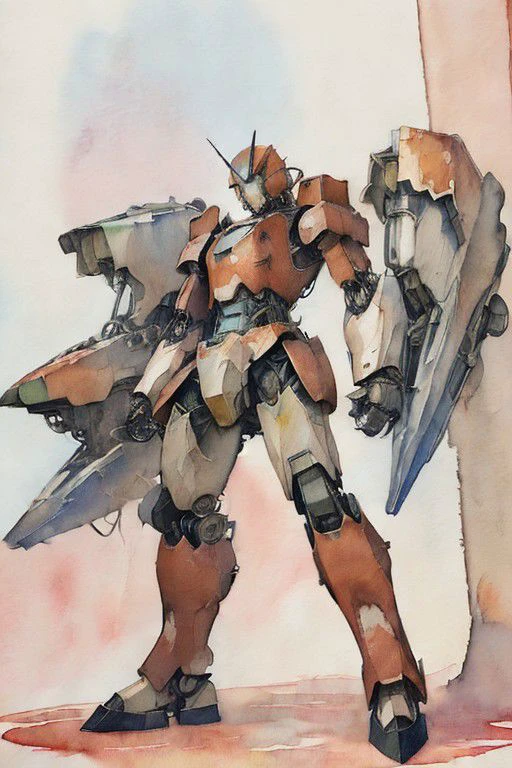 (watercolor art:1.5), 2d artwork, line art, cenptual art, a mecha robot, cybernetics, stainless steel finishes and rusted steel, <lora:Llebbeuswoods
:1.5>, (action, motion pose),