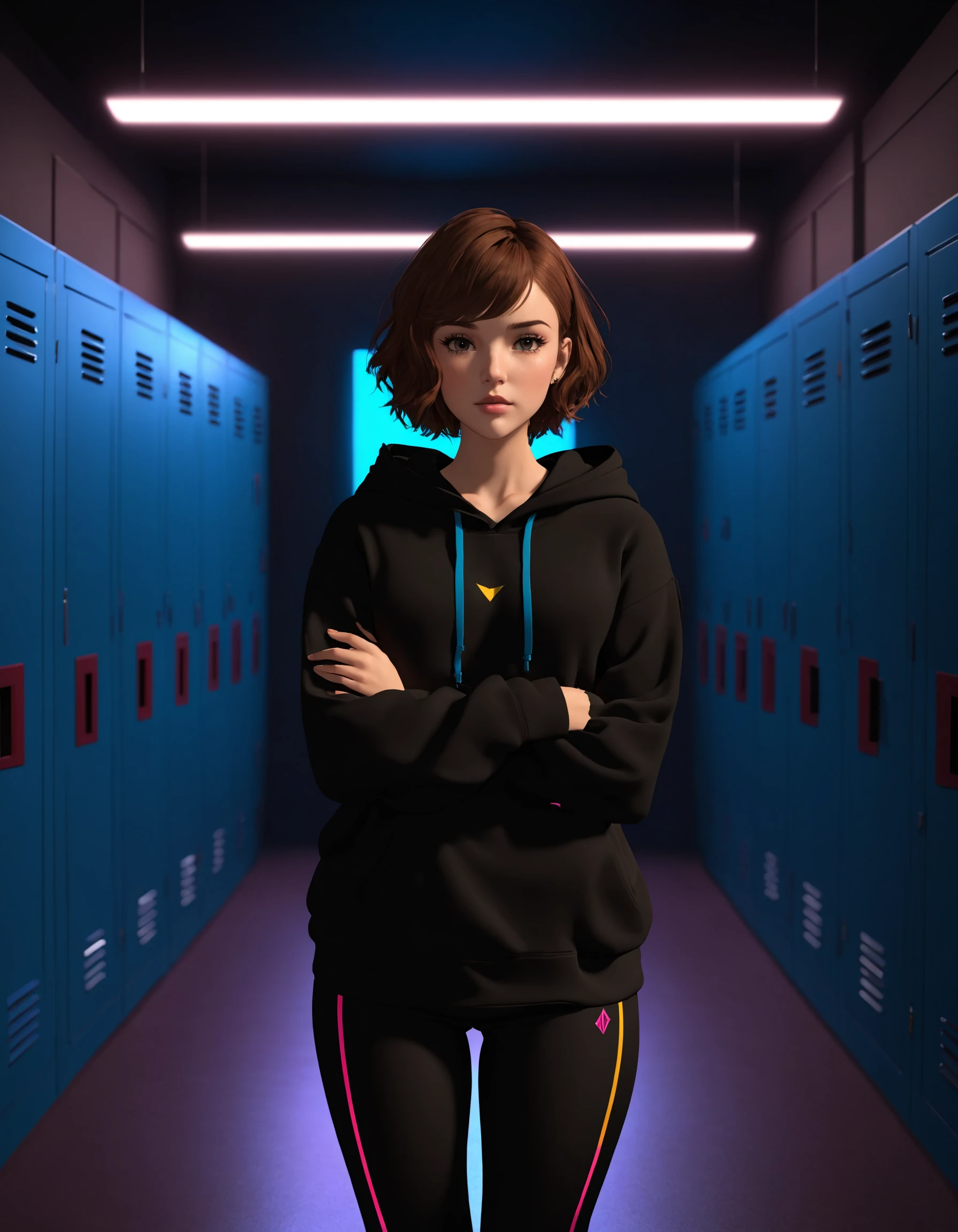 1girl, Tori Enyo, slsxl style, solo, looking at viewer, short hair, brown hair, long sleeves, hooded sweatshirt, standing, black pants, indoors, sweater, lips, crossed arms, locker, locker room, cinematic lighting, neon rim lighting, side lighting, rembrandt lighting, cinematic angle, masterpiece, best quality , <lora:SL_SDXLv1:0.5>