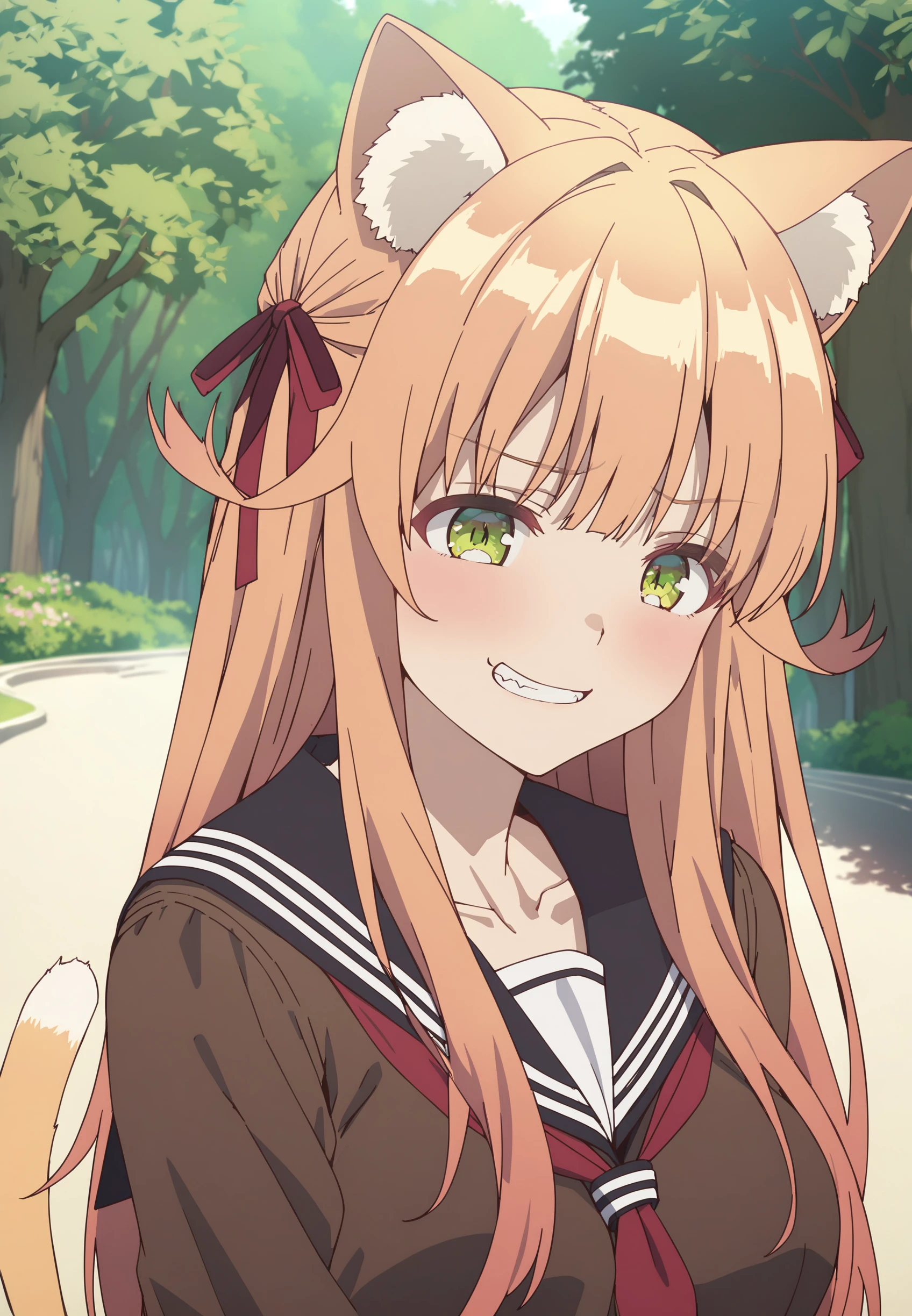 1girl, upper body, smirk, standing, outdoors, background park, kanade-cag, cat tail, school uniform, serafuku, black serafuku, (masterpiece, best quality:1.4),  <lora:Kanade-000007:1>