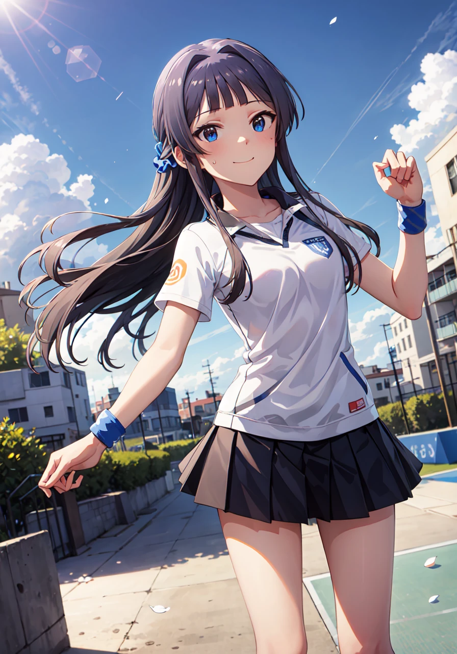 shizuka mogami (million live), (best quality, 8K, masterpiece, ultra detailed:1.2),sparkle,light particles,blurry,lens flare,detailed backgorund, gradient sky, day, dappled sunlight, blue sky, beautiful clouds, sunbeam, cityscape, skyline, floating petals, 1girl,solo,cute,slight smile,happy,innocent,collarbone,black hair, long hair, blue eyes, blunt bangs, sidelocks, hair scrunchie, sweatdrop, tennis uniform, sportswear, wristband, sneakers, full body, (cinematic angle), dynamic pose,