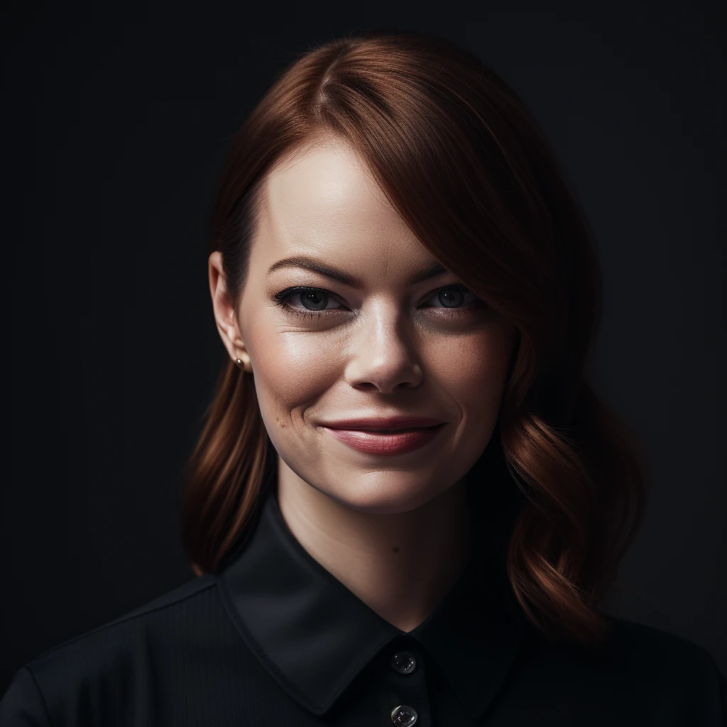 Best_QualityPos, RAW photo, intricate details, best quality, 8k uhd, soft lighting, 1girl, solo, emma stone, (black collared shirt:1.2), smile <lora:Emma_Stone_V2:0.7> <lora:LowRA:0.6>