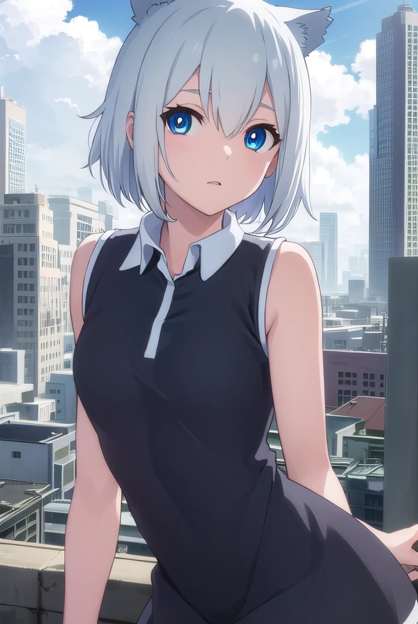 aonanami, <lora:ao nanami hnu-lora-nochekaiser:1>,
ao nanami, short hair, animal ears, cat ears, blue eyes,
BREAK dress, boots, sleeveless, knee boots, (black dress:1.2),
BREAK outdoors, city, sun, clouds,
BREAK looking at viewer, (cowboy shot:1.5),
BREAK <lyco:GoodHands-beta2:1>, (masterpiece:1.2), best quality, high resolution, unity 8k wallpaper, (illustration:0.8), (beautiful detailed eyes:1.6), extremely detailed face, perfect lighting, extremely detailed CG, (perfect hands, perfect anatomy),
