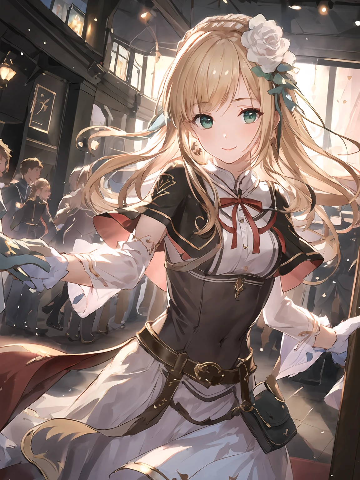 masterpiece,best quality,highres,cinematic lighting,dramatic angle,1girl,<lora:ShadowverseElluvia_KiraV1-000020:0.8:lbw=1,0.2,0.2,0.1,0.1,0.1,0.2,1,1,1,1,1,1,1,1,1,1> ,Elluvia,indoors,blonde hair,hair flower,brown dress,green eyes,looking at viewer,smile,gloves,white skirt,belt,ribbon,capelet,holding viewer's hands,gloves,dance party,crowd,straight-on,pov,shy,red carpet,(reaching out,holding hands:1.1),outstretched hand,