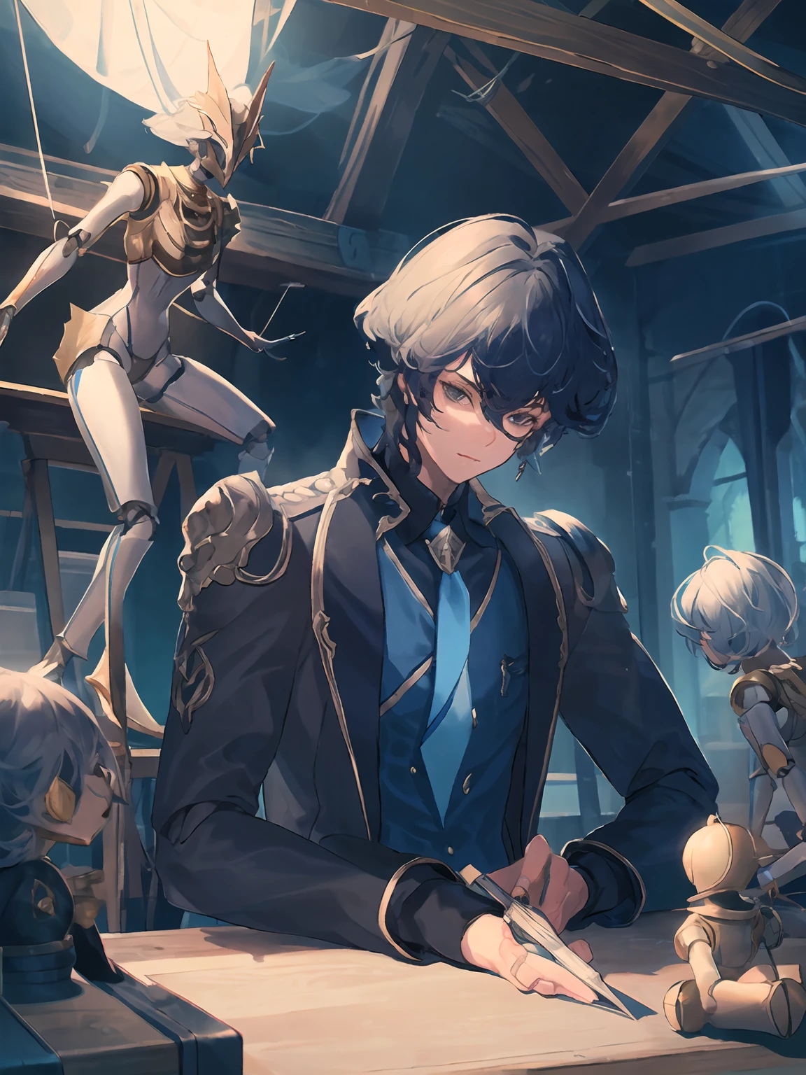 masterpiece,best quality,highres,cinematic lighting,dramatic angle,<lora:ShadowverseLyelthV3-000030:0.8>,1boy,black suit,blue shirt,necktie,black hair,black eyes,armor,looking at viewer,workshop,adjusting dolls on table,marinoette on table,doll on table,toy on table,parts,string,sitting,desk,holding carpentry tools,across table,portrait,close-up,glowing,marionette with white hair and mask