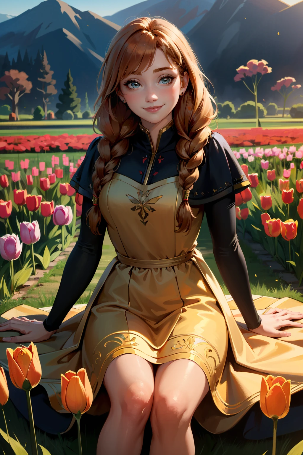 ((ultra detailed, masterpiece, absurdres))
 <lora:DisneyAnna:0.9>
DisneyAnna, 1girl, orange hair, twin braids, in a field of tulips, golden hour, elegant dress, smiling