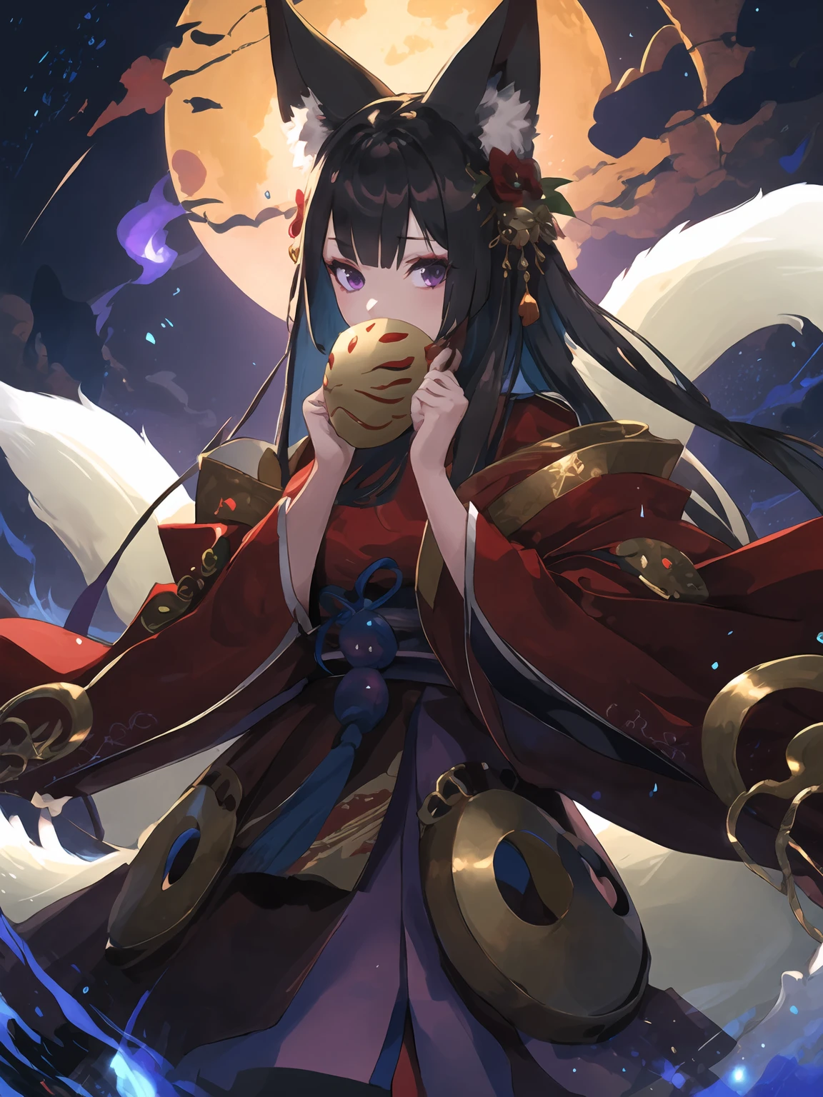 masterpiece,best quality,highres,cinematic lighting,dramatic angle,1girl,animal ears,hair ornament,<lora:ShadowverseGinsetsuV3-1-000014:0.8:lbw=1,0.8,0.1,1,1,0.2,0.2,1,1,1,1,1,1,1,1,1,1>,japanese clothes,red dress,purple skirt,clothing cutout,wide sleeeves,mask,hand on own cheek,tails,looking at viewer,evil smile,glowing eyes,head tilt,:d,black hair,purple eyes,animals,fox,purple fire,blue fire,red moon,night,portrait,magic,will-o'-the-wisp \(mythology\),close-up,depth of field,arm support,(holding mask,covered face:1.2),