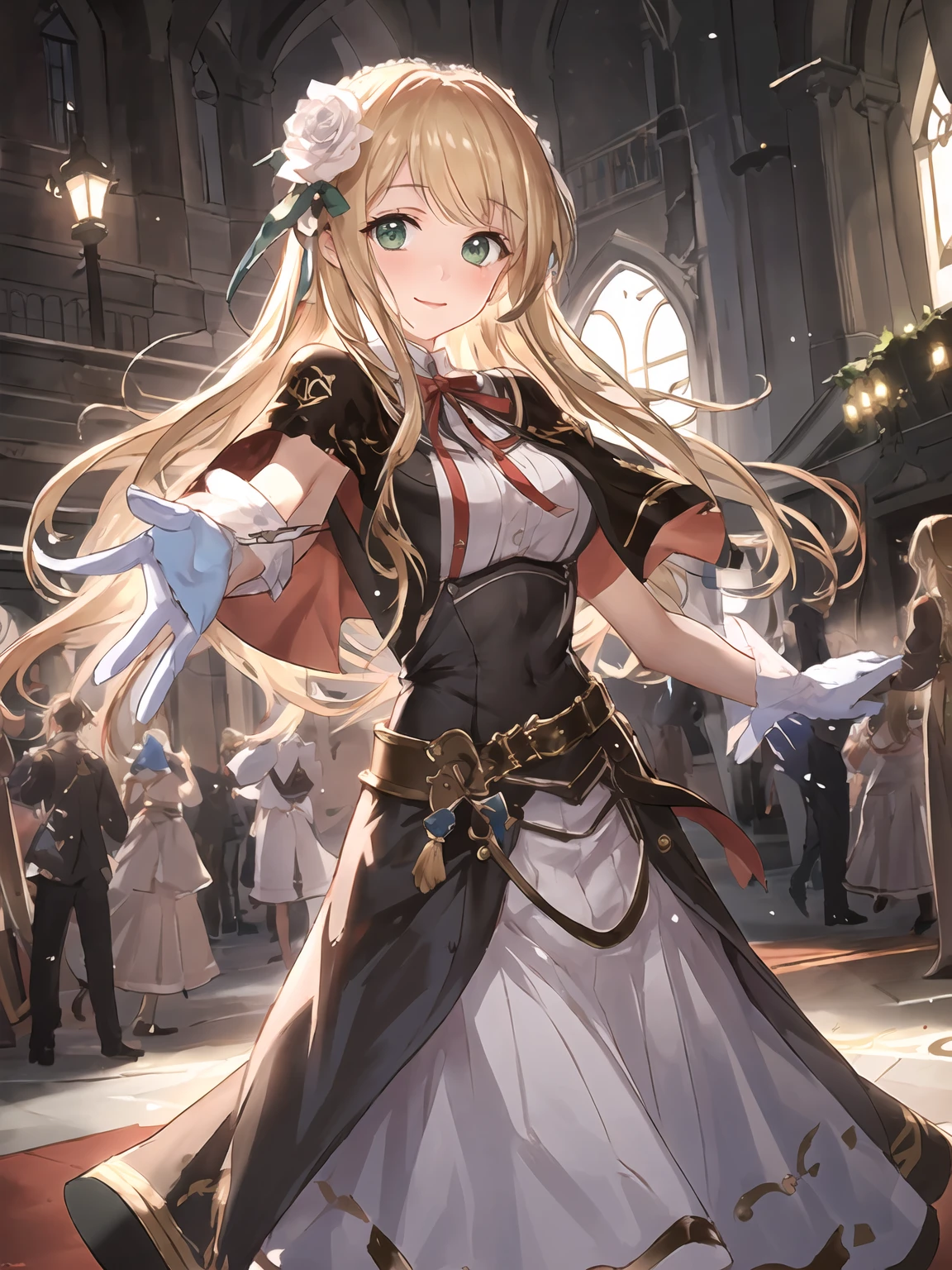 masterpiece,best quality,highres,cinematic lighting,dramatic angle,1girl,<lora:ShadowverseElluvia_KiraV1-000020:0.8:lbw=1,0.2,0.2,0.1,0.1,0.1,0.2,1,1,1,1,1,1,1,1,1,1> ,Elluvia,indoors,blonde hair,hair flower,brown dress,green eyes,looking at viewer,smile,gloves,white skirt,belt,ribbon,capelet,holding viewer's hands,gloves,dance party,crowd,straight-on,pov,shy,red carpet,reaching out,dancing,holding hands,outstretched hand,