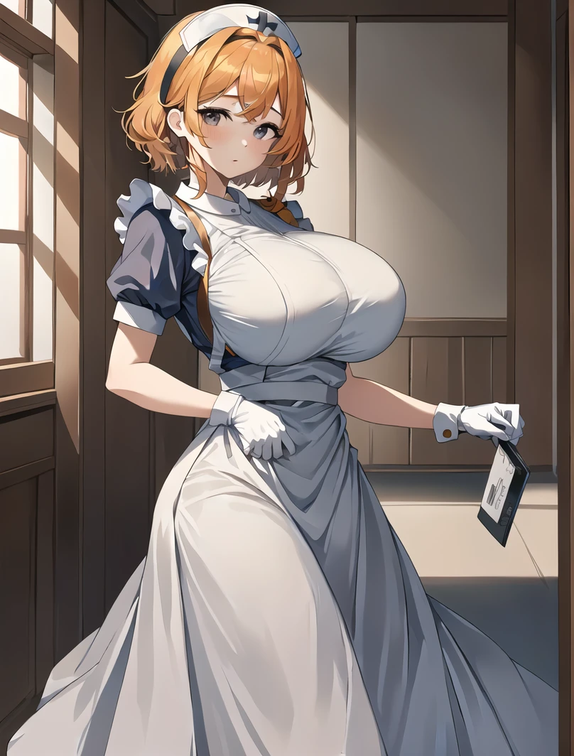 ((masterpiece, best quality, high quality)),1girl, (lower body, hospital), <lora:Long Nurse Apron 1:0.6> (nurse_uniform_long_3, gloves, apron, nurse cap, nurse,long dress), <lora:Isako Narita:0.7> (1girl, 3dcg 06, bangs, crossed bangs, eyebrow_through_hair, grey eyes, hairband, huge breasts, isako narita, mature_female, orange hair, short hair, sidelocks, solo),