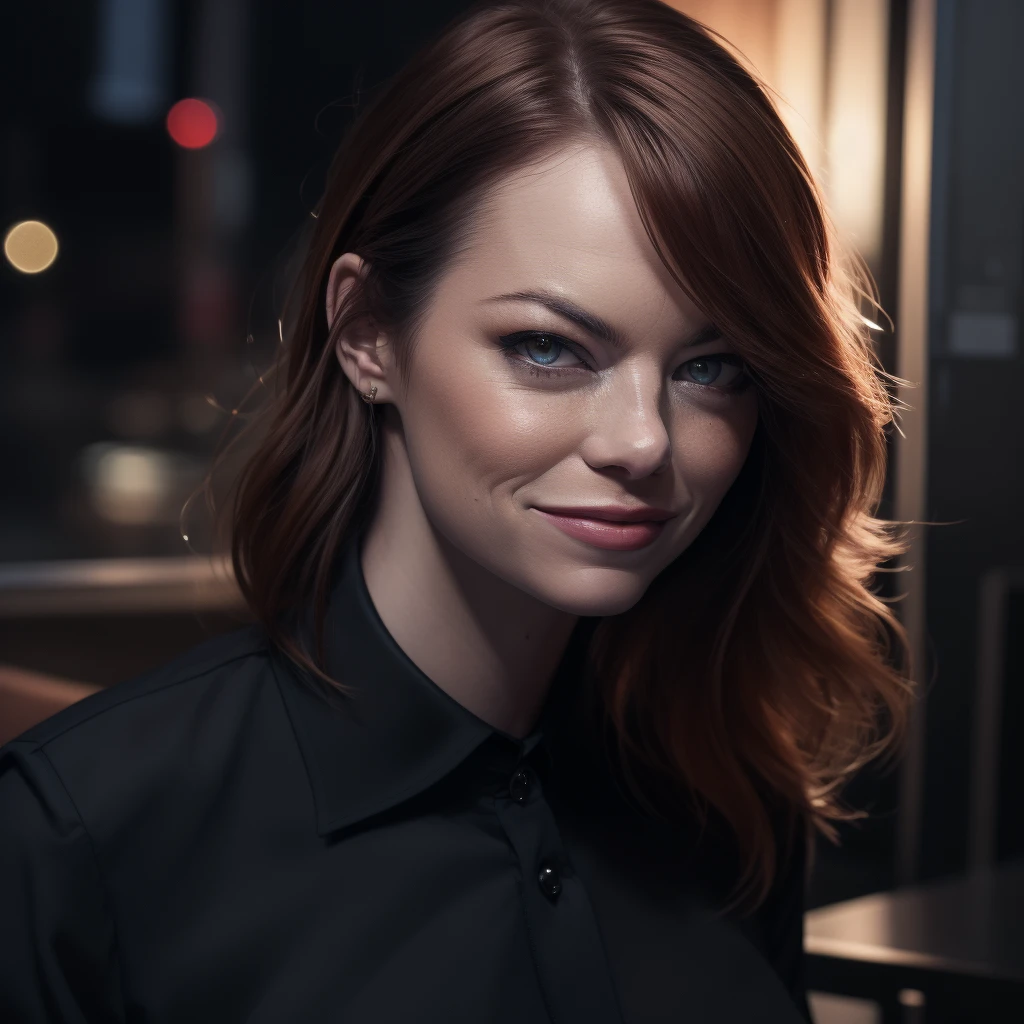 Best_QualityPos, RAW photo, intricate details, best quality, 8k uhd, soft lighting, 1girl, solo, emma stone, (black collared shirt:1.2), smile <lora:Emma_Stone_V2:0.7> <lora:LowRA:0.6>