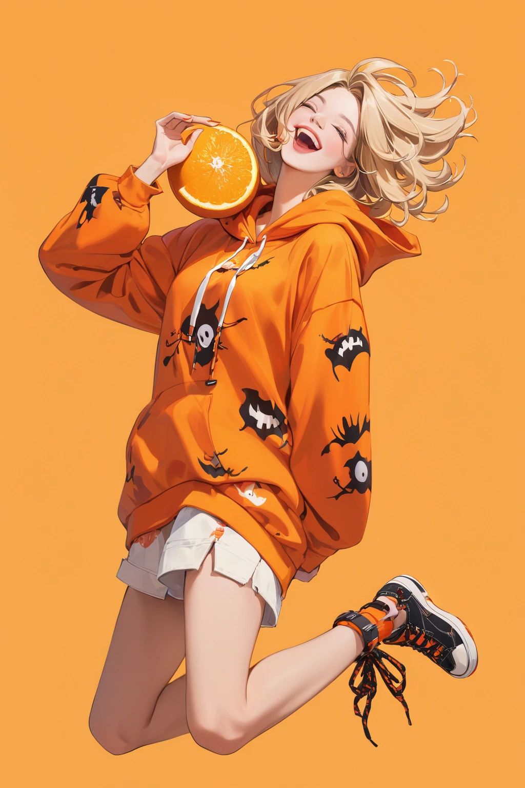 A gorgeous american woman is holding a big orange,happy and laugh, full body of fashion pose,Her decked out in an big orange themed ensemble,complete with a hoodie adorned, Her laid-back demeanor contrasts with the vibrant,spooky accessories. ((on an orange background)),