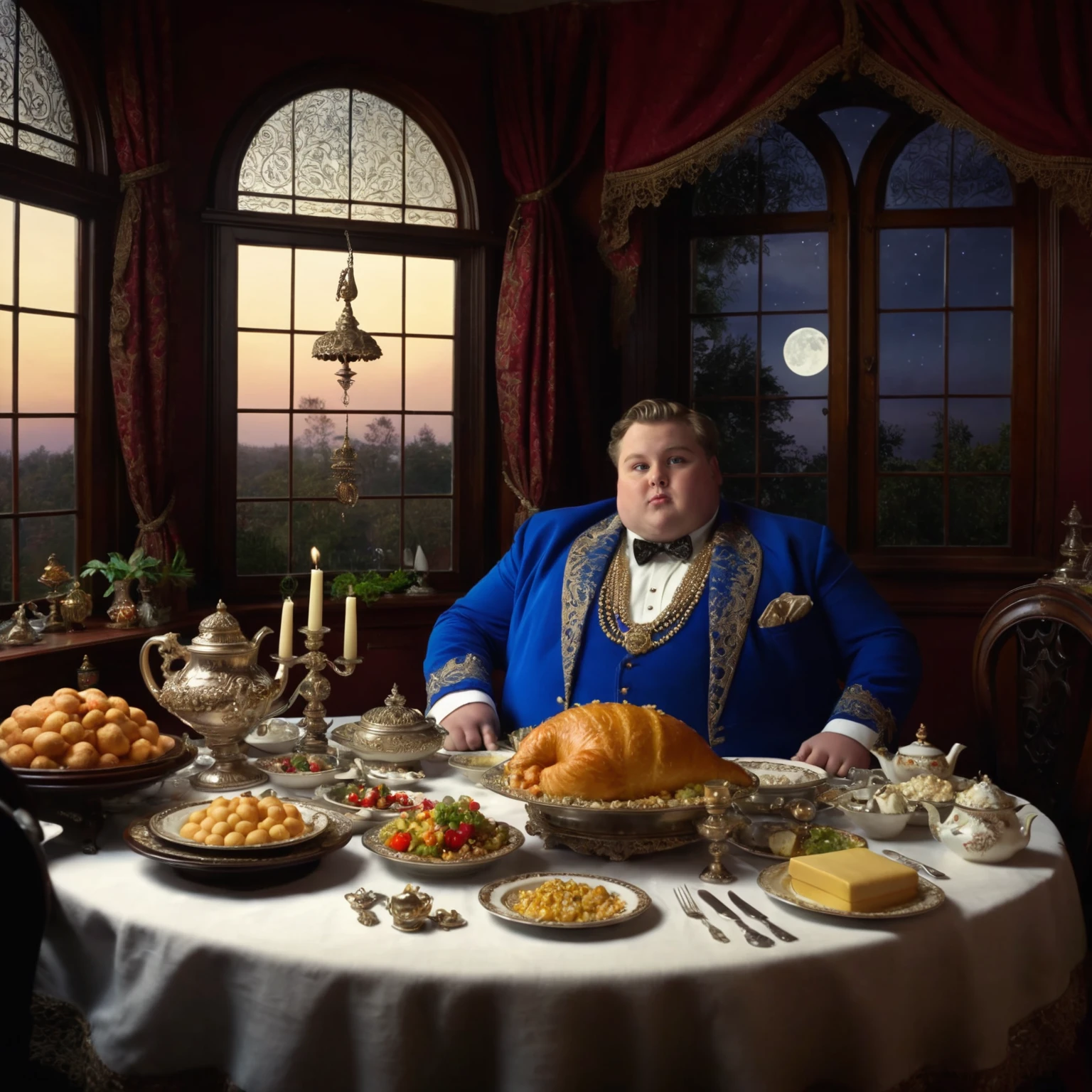 victorian era, cute fat man sitting at lavishly adorned dining table, cornucopia of food, royal outfit, jewelry, moonlight in window, intricate detail, ultra wide view