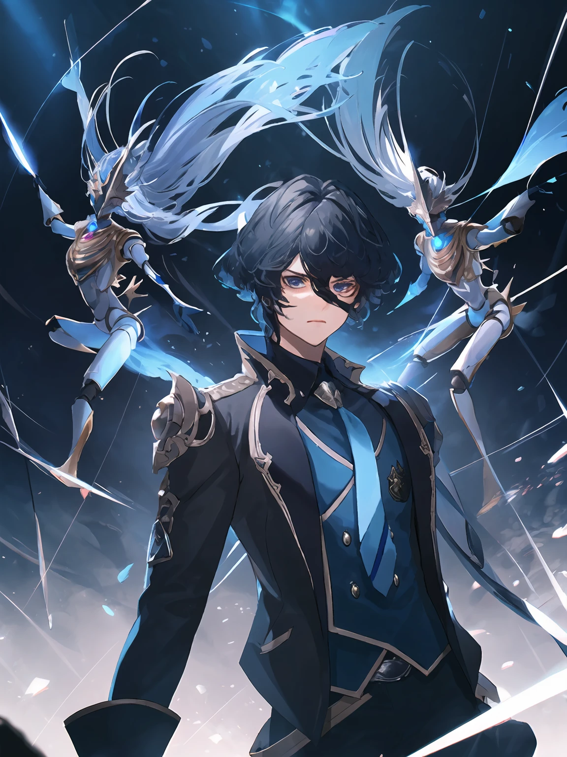 masterpiece,best quality,highres,cinematic lighting,dramatic angle,<lora:ShadowverseLyelthV3-000020:0.8>,1boy,black suit,blue shirt,necktie,black hair,black eyes,armor,magic,strings,dolls,marionette, looking at viewer,serious,dynamic pose,portrait,close-up,puppet,cowboy shot,puppet and doll with white hair and wings and mask,shaded face,glowing eyes