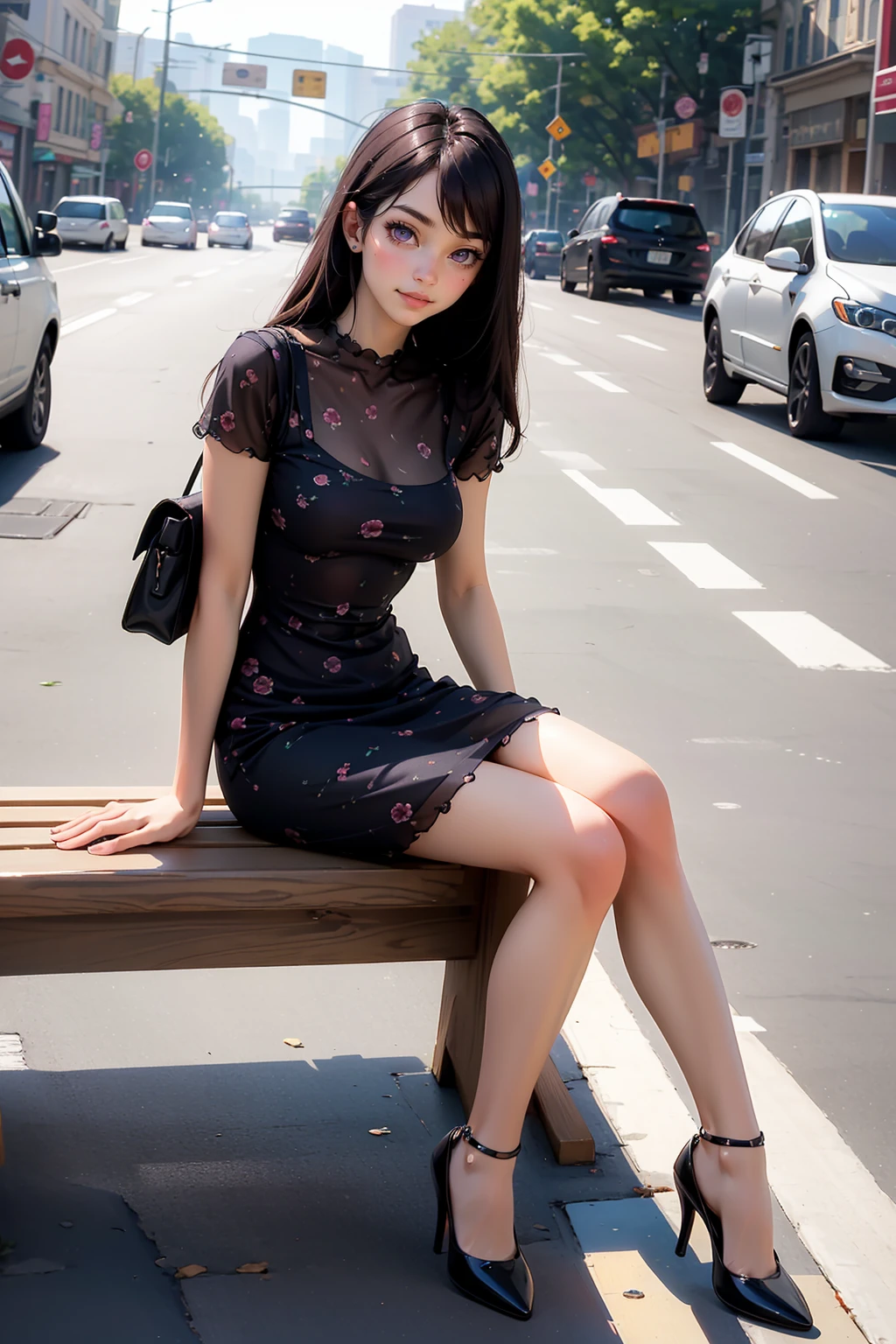 1girl,  purple eyes,  long hair,  purple hair,  braided_hair,  bangs,  beautiful woman,  perfect body,  perfect breasts,  Bzpeony,  peony print,  dress,  black dress,  short dress,  thigh above,  high heels,  on the streets,  motor_vehicle,  cars,  roadside,  (sitting on a bench),  (legs crossed),  (full body),  holding a black handbag,  depth of field,  cowboy_shot,  pov,  innocent girl,  gentle smile,  looking at the audience,  masterpiece,  super detailed,  high detail,  high quality,  best quality,  1080p,  16k