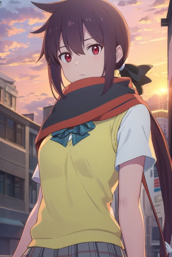 himeyarizakura, <lora:hime yarizakura hnu-lora-nochekaiser:1>,
hime yarizakura, long hair, brown hair, (red eyes:1.3), ponytail,
BREAK skirt, thighhighs, school uniform, pleated skirt, boots, scarf, zettai ryouiki, sweater vest,
BREAK outdoors, city, sun, clouds,
BREAK looking at viewer, (cowboy shot:1.5),
BREAK <lyco:GoodHands-beta2:1>, (masterpiece:1.2), best quality, high resolution, unity 8k wallpaper, (illustration:0.8), (beautiful detailed eyes:1.6), extremely detailed face, perfect lighting, extremely detailed CG, (perfect hands, perfect anatomy),