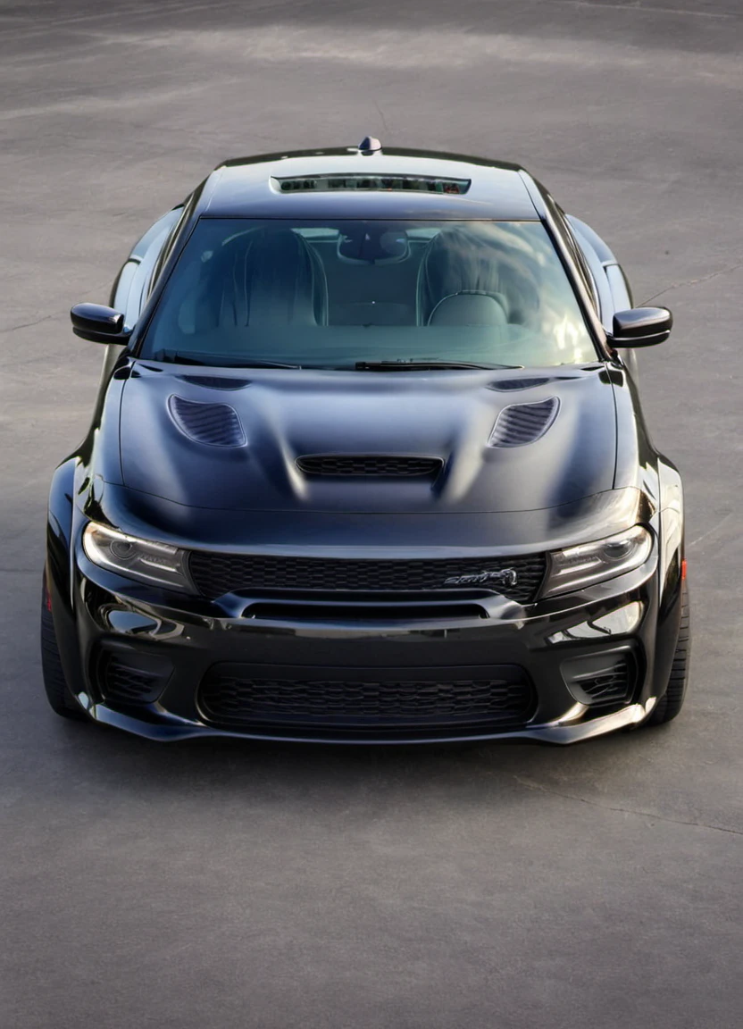 black chargerhellcatsrt, parked, front view,
<lora:ChargerHellcatSDXL:1>